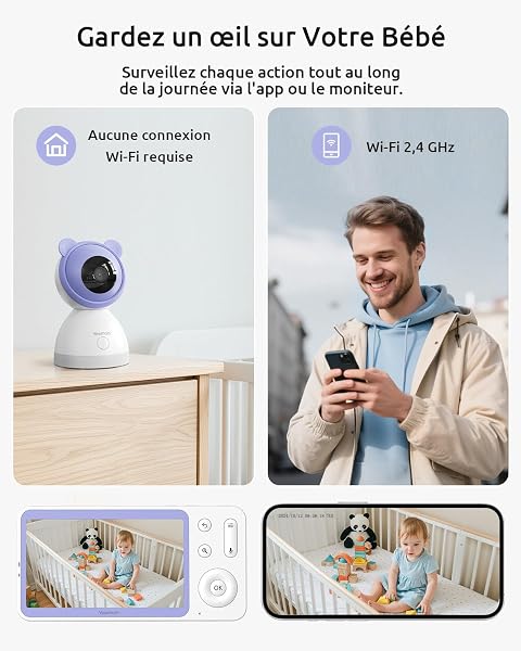 YESIMOM 2K 5" Babyphone Camera, 360° PTZ Baby Phone avec Caméra Vidéo et Audio APP, Veilleuses Colorées, Zoom 4X, Surveillance des Mouvements & Suivi Automatique, Alarmes de Zone - 2
