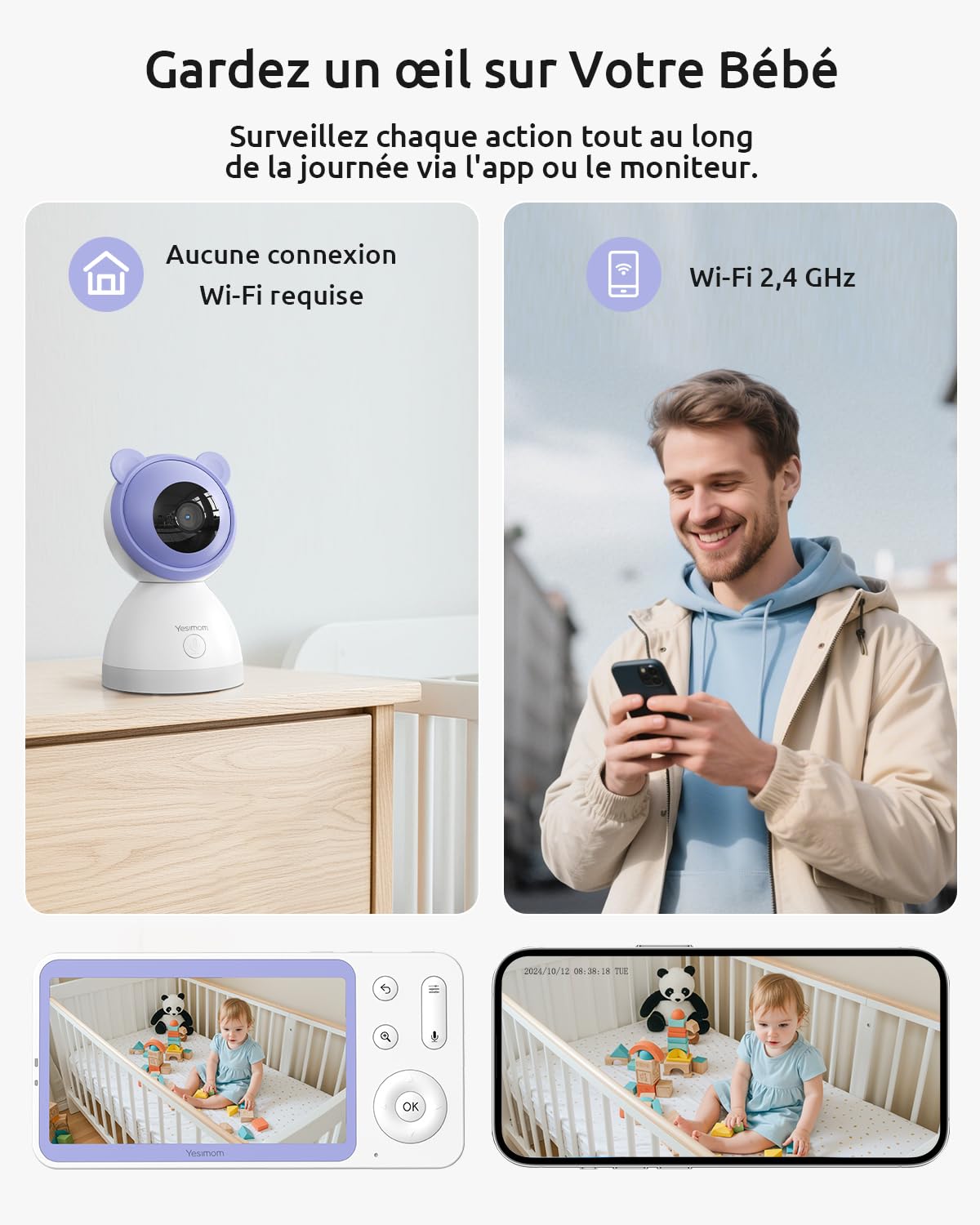 YESIMOM 2K 5" Babyphone Camera, 360° PTZ Baby Phone avec Caméra Vidéo et Audio APP, Veilleuses Colorées, Zoom 4X, Surveillance des Mouvements & Suivi Automatique, Alarmes de Zone - 2