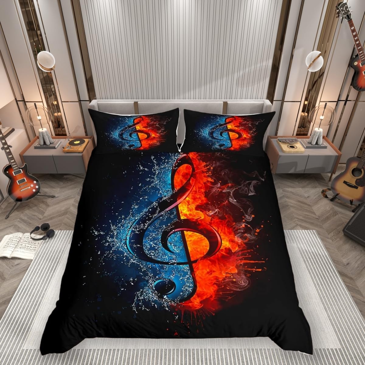 Feelingyou Women's Music 08 Musical Notes Bedding Set,Ice And Fire Comforter Cover Set For Teens Room Decor,Blue And Red Duvet Cover Breathable Music Theme Bedspread Cover Double Size
