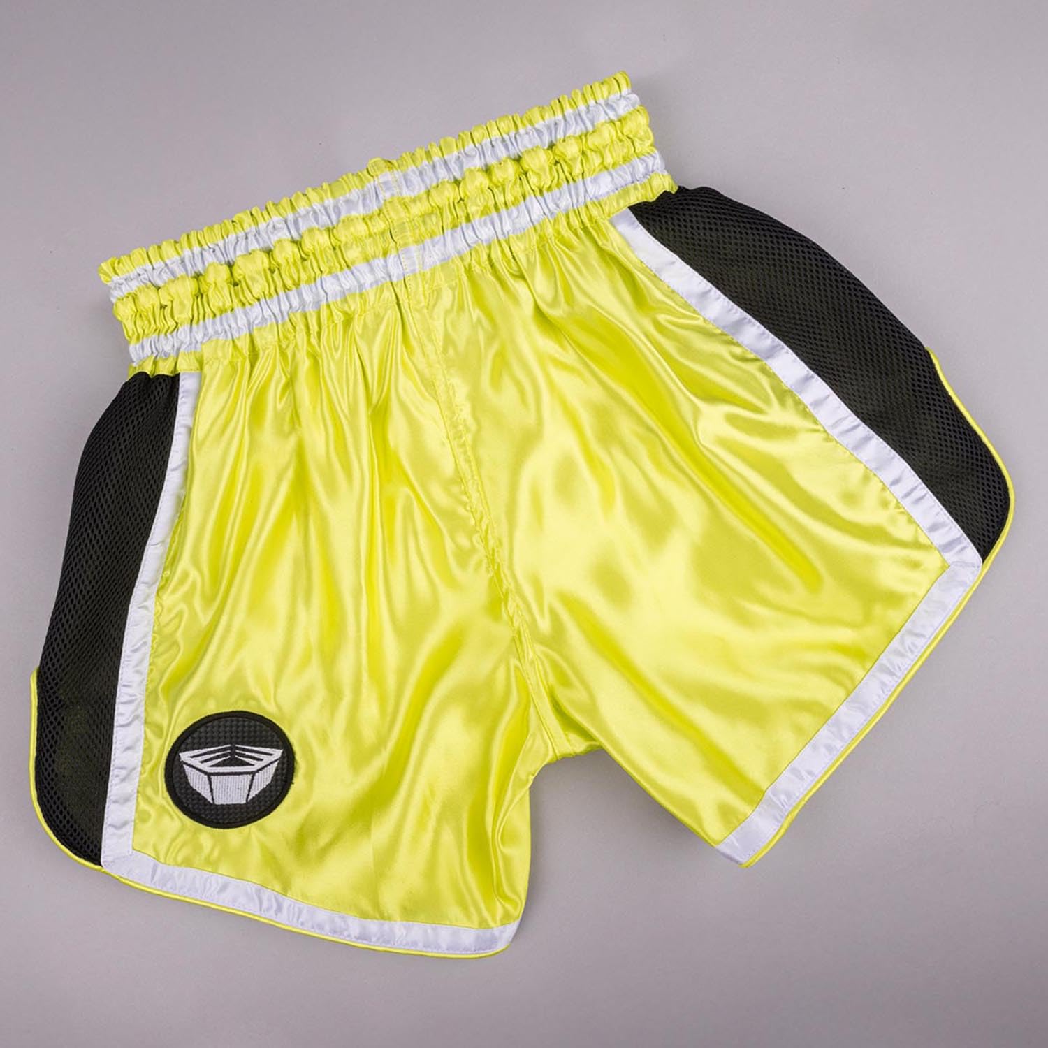 Muay Thai Shorts, Represent, Gelb-schwarz, Kickboxhose für Training & Wettkampf, Thaibox Shorts Satin, Atmungsaktiv, Langlebig, Kampfsporthose für MMA, K1, Boxen, Thai Boxen