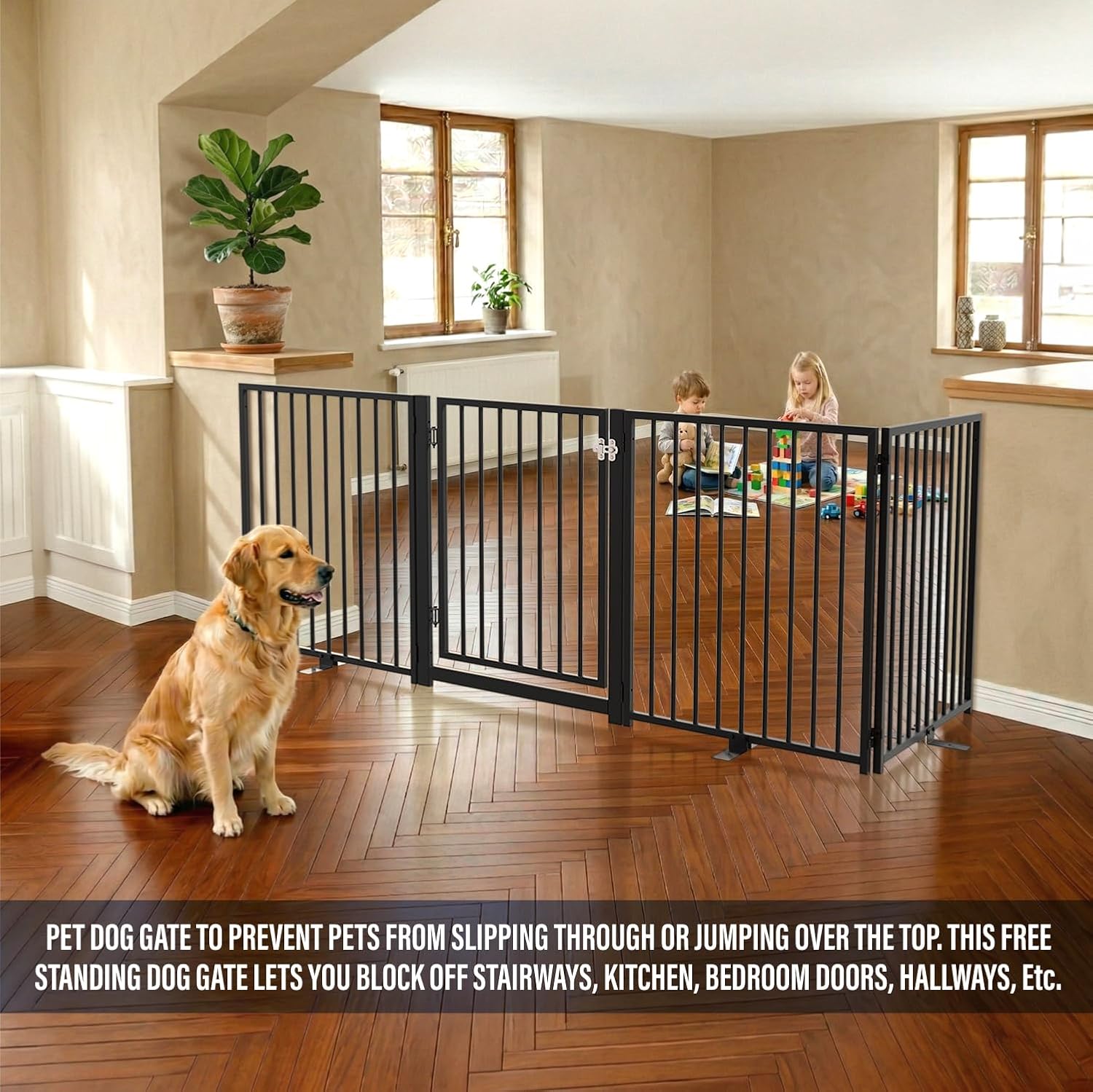 4 Panels 31" W x 104" H with Door, Metal Free Standing Dog Gate with Door, 31'' Tall Foldable Dog Fence for Indoor/Outdoor, for Large Openings, Stairs, Hallways, Doorways (Black)