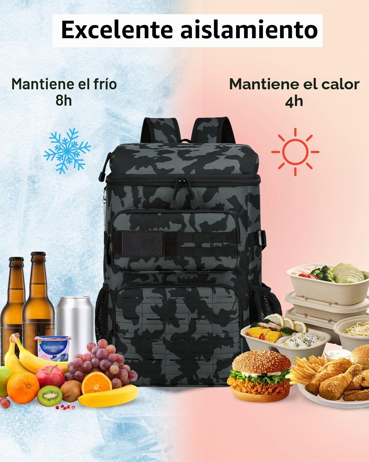 Mochila Nevera Táctica, Mochila Térmica de 30 Latas Aislada y a Prueba de Fugas, 30L Bolsa de Picnic Impermeable para Playa Almuerzo Picnics Senderismo