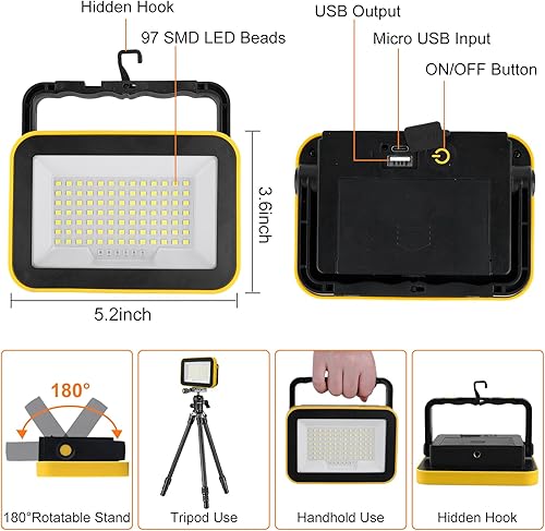 Miniatura 3 de T-SUN Luz de trabajo LED recargable, luces de inundación LED portátiles, impermeable, funciona con pilas, 5 modos, paquete de 2
