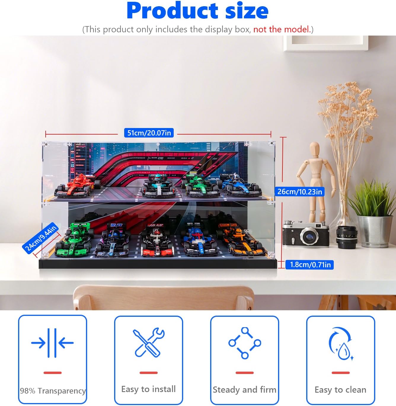 Acrylic Display Case Compatible with Lego Speed Champions F1 10-in-1 Collector's Pack, Dust-Proof Display Box Compatible with Lego 77242-77251,Size:20.07×9.44×10.23 in(NOT Included The Model)