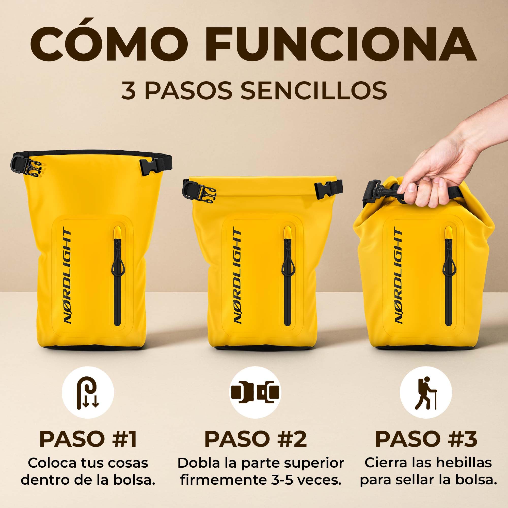 Nordlight Bolsa Estanca Impermeable + Funda para Móvil, Cierre Enrollable, Correa para Hombro | Drybag Mochila Impermeable Saco Estanco Bolsa de Transporte Náutica | Playa Sup - Amarillo, 30 litros