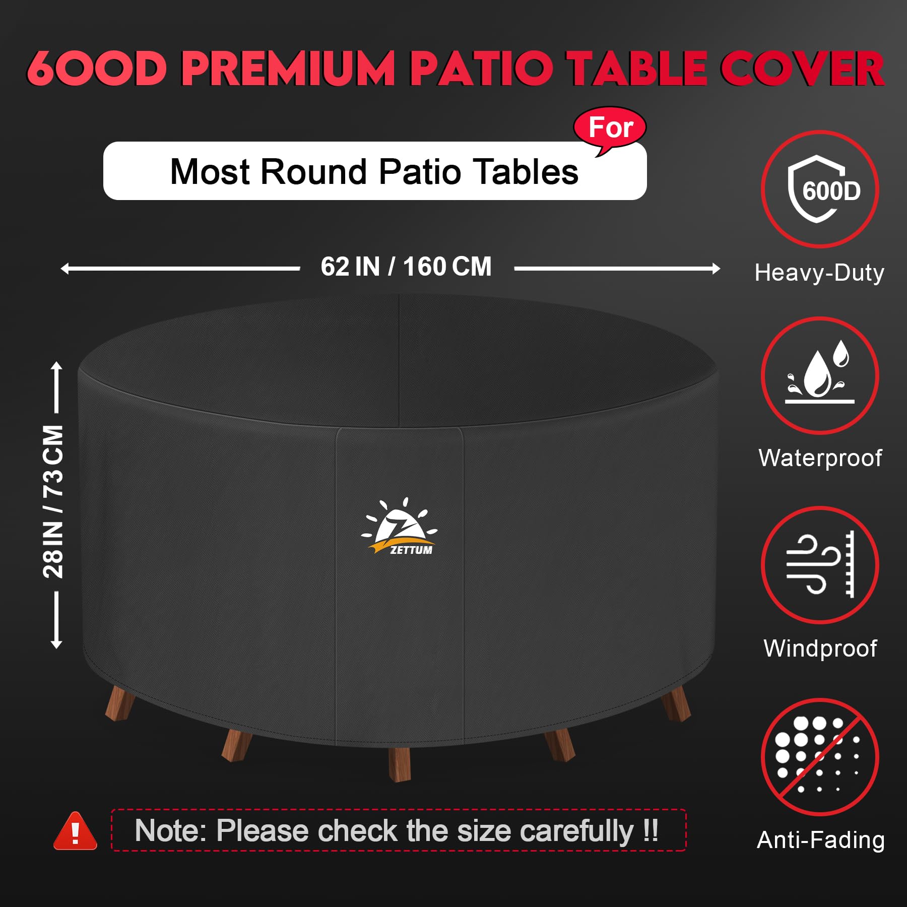 Zettum diameter 160x73cm Garden Table Cover Round Durable 600D Oxford Fabric Outdoor Furniture Covers Ideal for Rattan Round Furniture Set Patio Table & Chairs with Heavy Duty Outdoor Table Covers Waterproof - Image 2