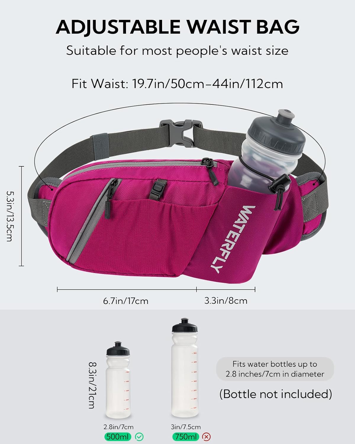 WATERFLY Fanny Pack Waist Bag: Hiking Water Bottle Holder with Strap Waist Pack for Women Men Hydration Hip Packs for Running Walking Traveling-Rose Red - Image 6