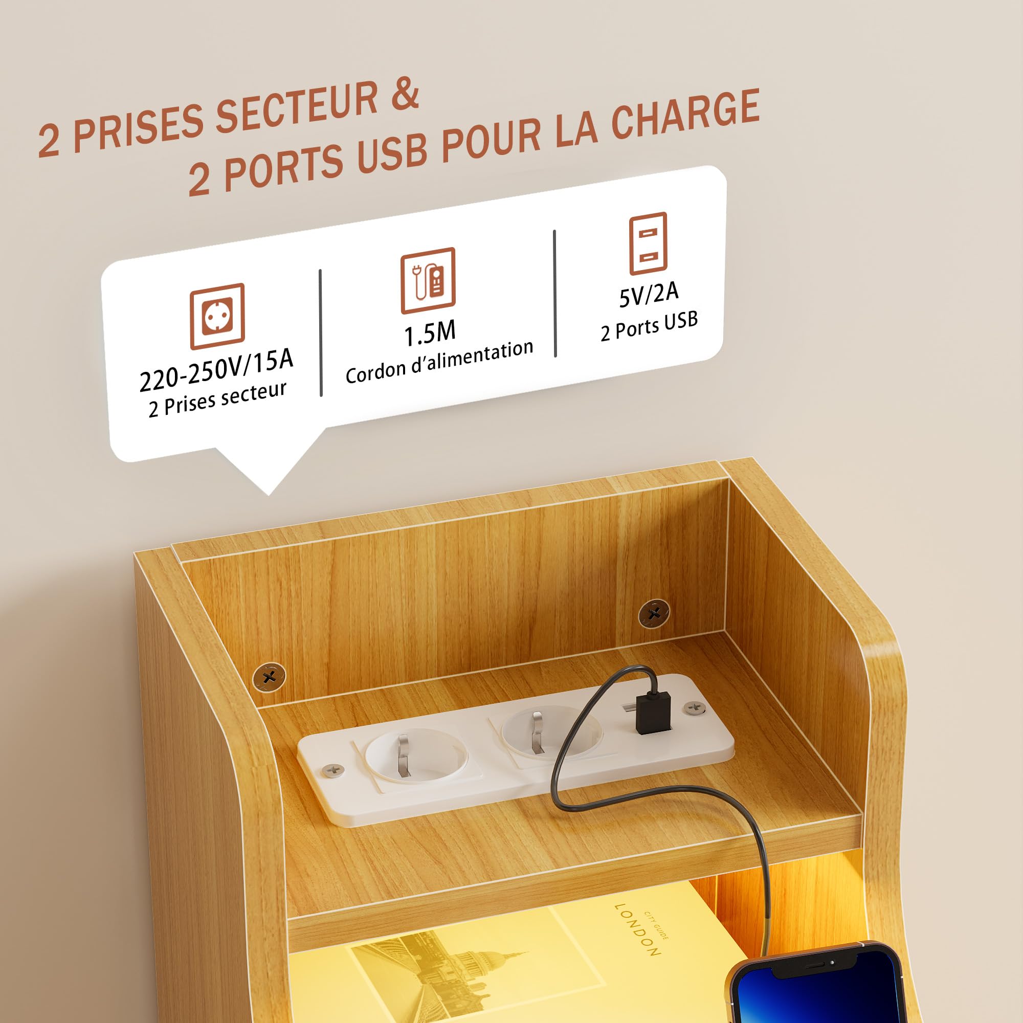 Table de Chevet Etroite avec Éclairage LED RGB et Prise 2 AC 2 USB, Table de Nuit Étroite Bois avec 3 Tiroirs, Lumière Bluetooth Table d’Appoint pour Salon Chambre Bureau, Marron 30x25x70cm