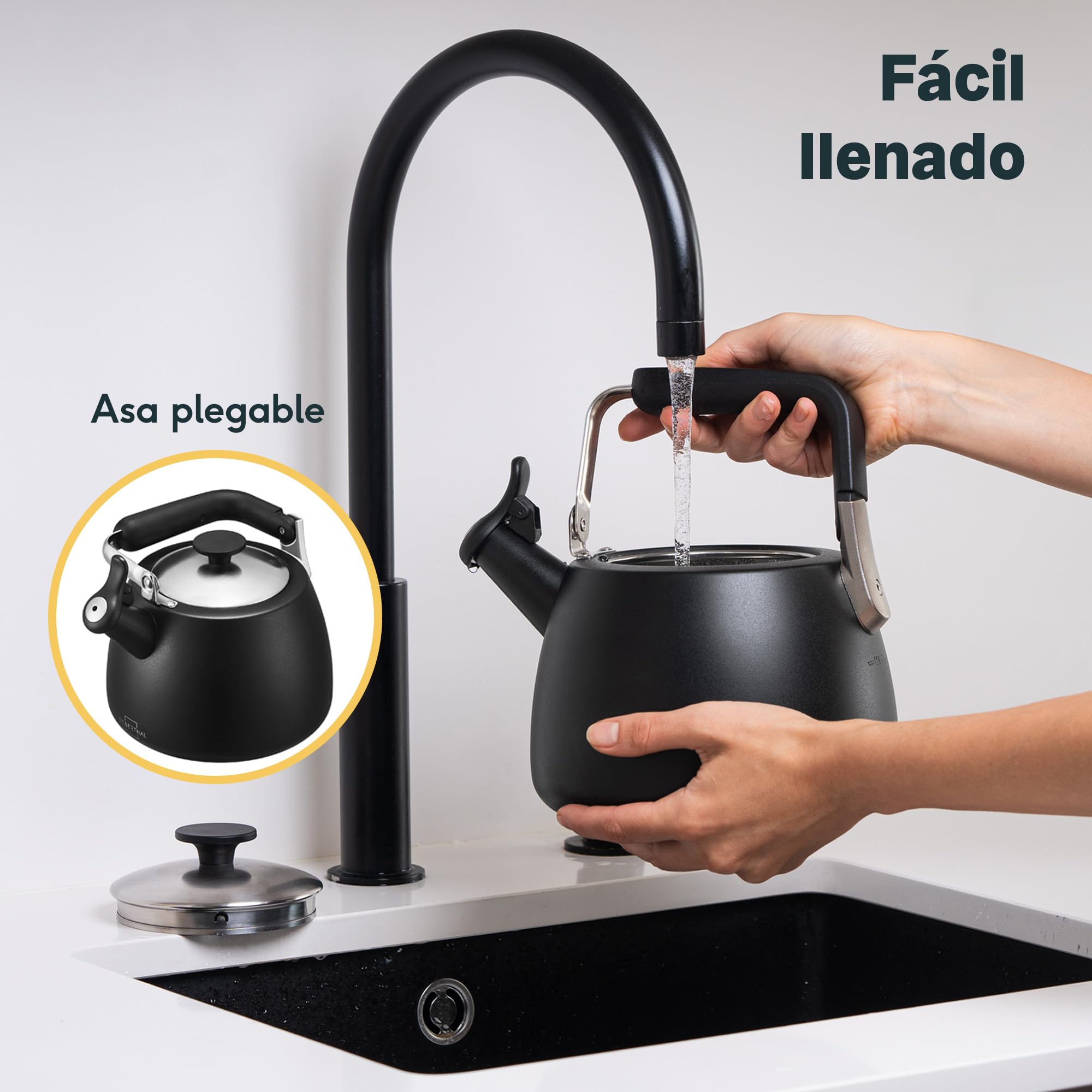 SILBERTHAL Hervidor de agua silbante 2,8l - Acero inoxidable - Tetera con silbato inducción y gas - Negra