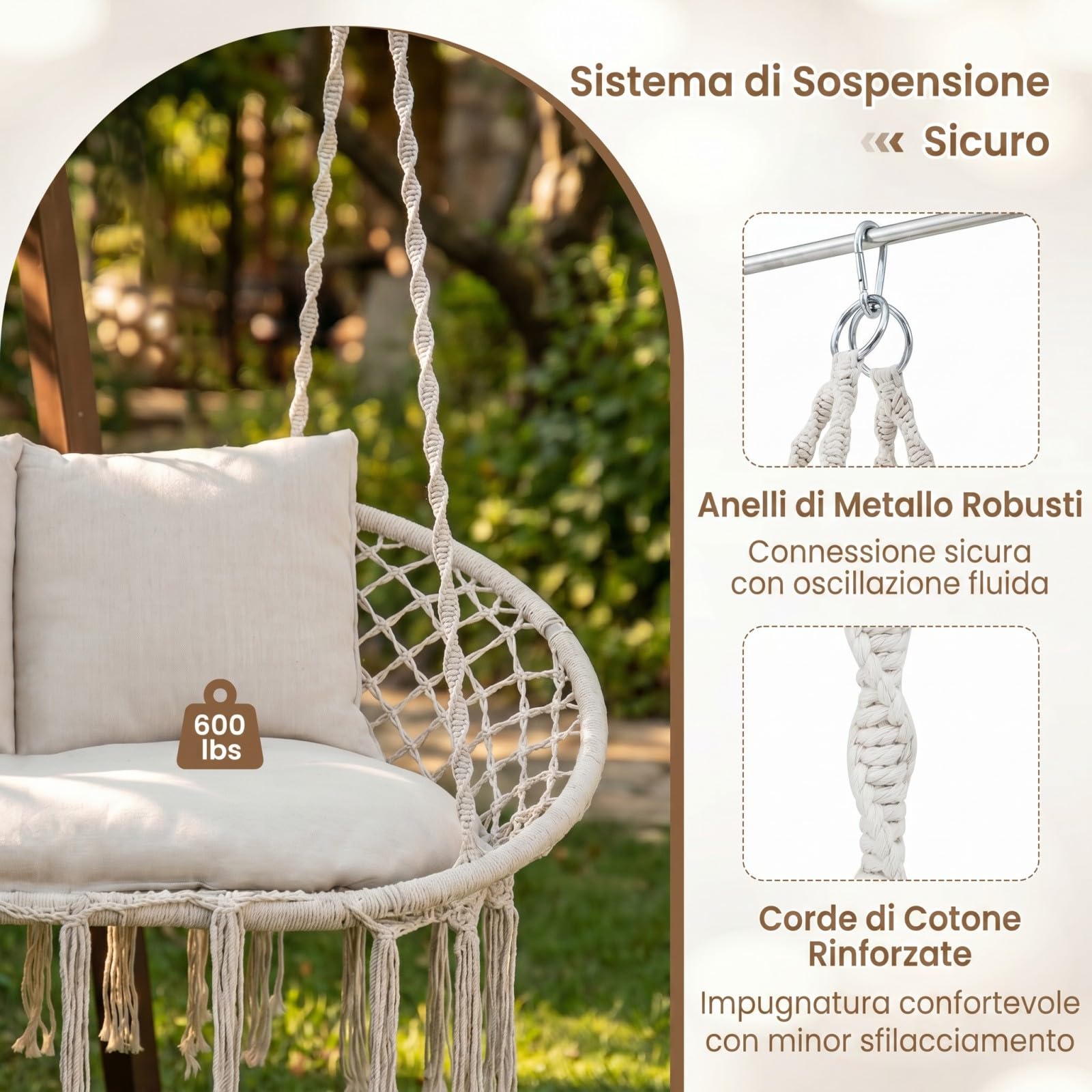 COSTWAY Sedia a Dondolo da Esterno ed Interno, Poltrona Sospesa Intrecciata a 2 Posti con Nappine in Stile Boho, 3 Morbidi Cuscini, Corde e Anelli, Portata 250 kg, per Balcone, Soggiorno e Giardino