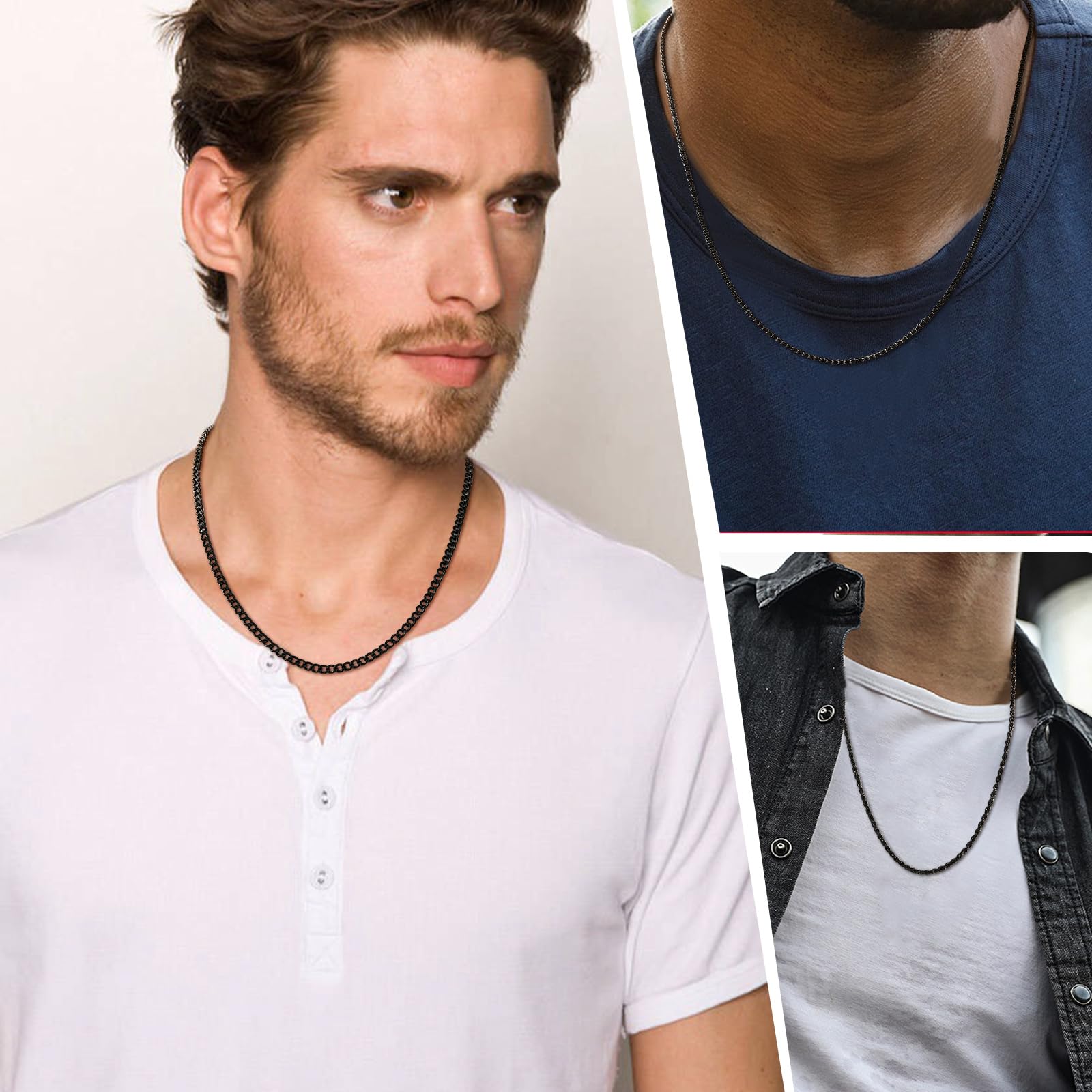 Esmoly 3 Pezzi Collana Uomo Catenina Necklace for Men Oro Argento Nero Acciaio Inossidabile Cuban Chain 45cm/50cm/55cm/60cm Regalo Uomo Ragazzo 2mm/3mm/4mm/5mm/6mm