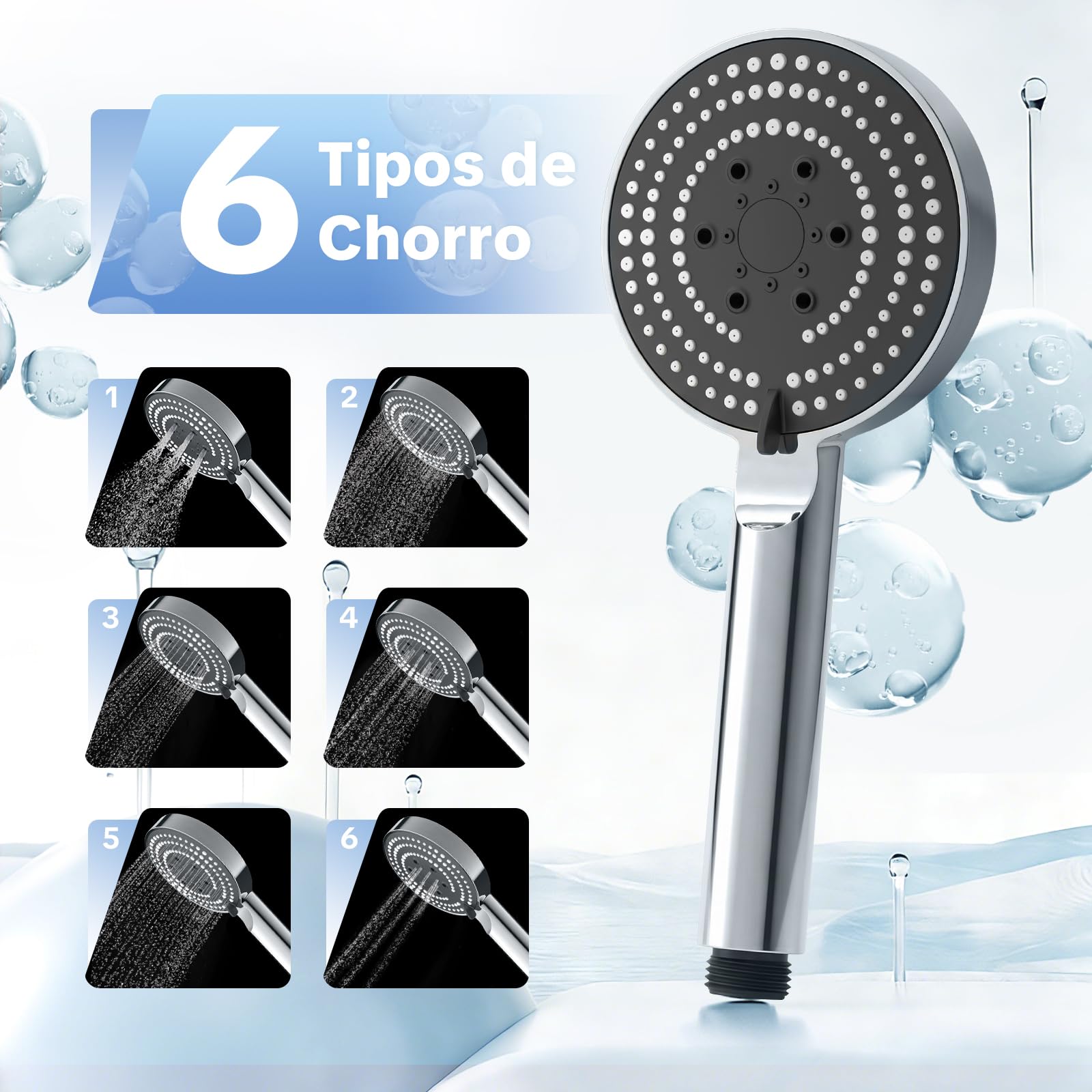 OFFO Alcachofa Ducha con Manguera de 1.6 m, Alcachofa de Ducha con Filtro Antical, Cabezal Ducha Alta Presion con 6 Modos de Chorro, Shower Head Filtración Múltiple, Fácil de Limpiar, Cromo — view 4