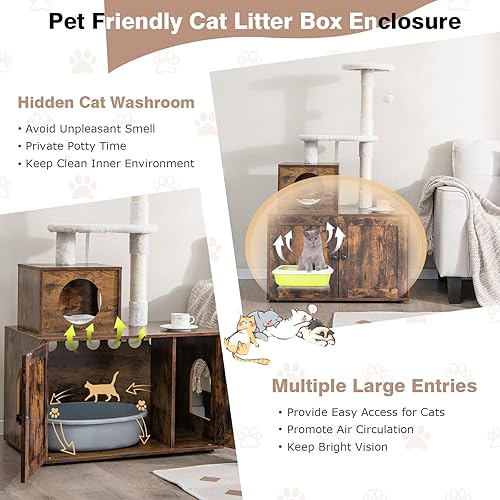 Miniatura 5 de Tangkula Caja de arena con torre de árbol para gatos, baño oculto 2 en 1 para gatos con condominio para gatos, percha de felpa, postes rascadores,