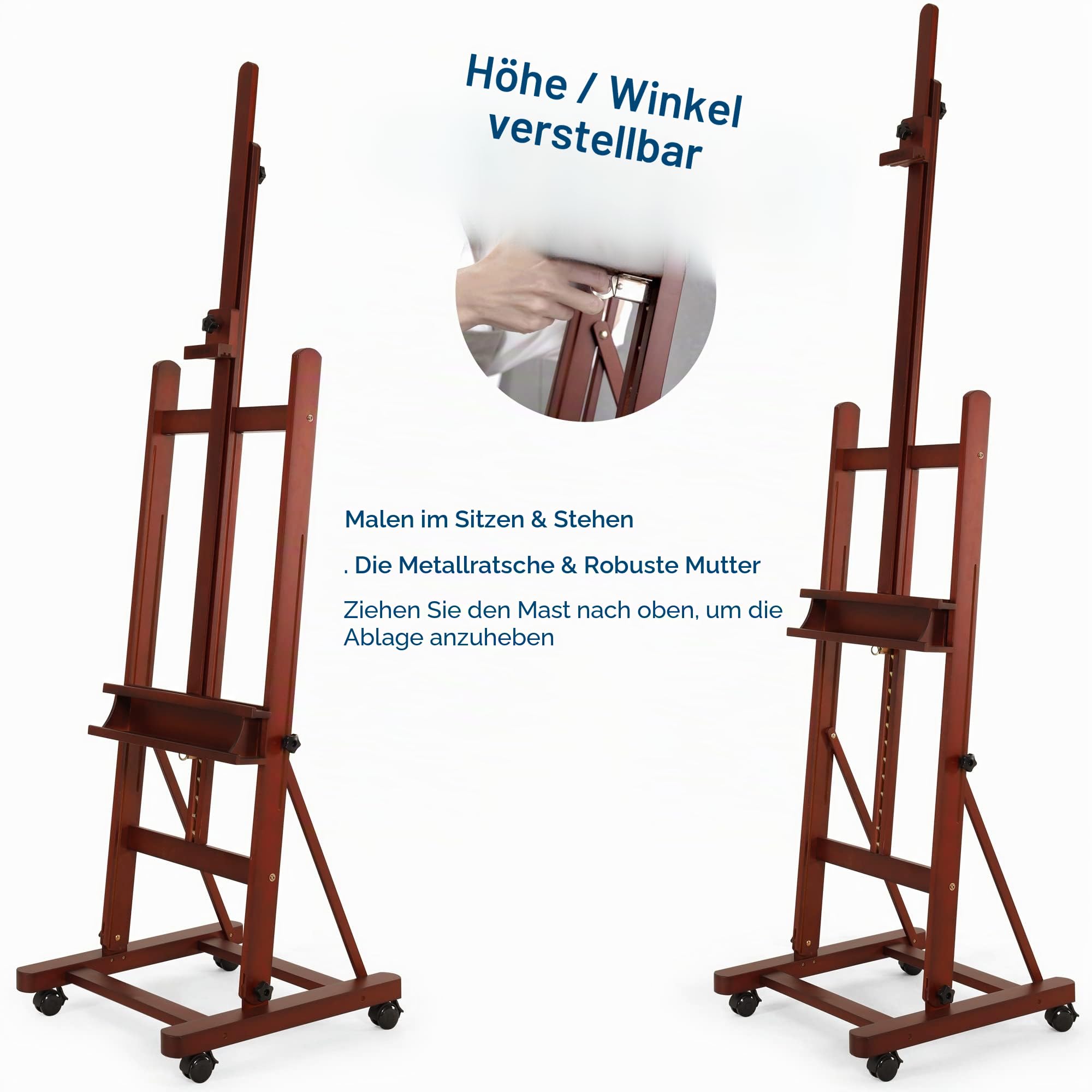 VISWIN Erweitert H-Staffelei Holz Groß, Verstellbare Staffelei aus Buchenholz mit 4 Rädern & Ablage, Atelierstaffelei Stabil für Erwachsene, Künstler, Maler, Leinwand