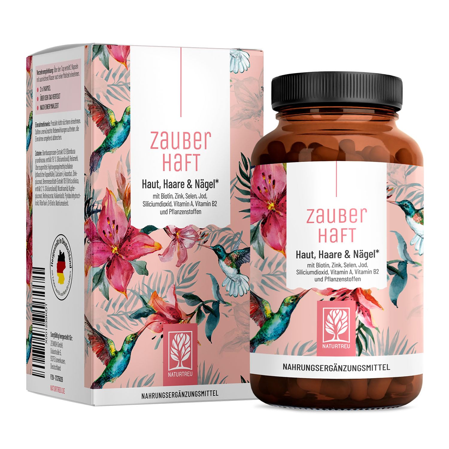 NATURTREU® Haar Vitamine - 451mg Silizium hochdosiert & Biotin Zink Selen für Haare - Kieselsäure aus Bambus, Kupfer, Iod, Brennnessel und B-Vitamine - 120 Kapseln - Vegan aus Deutschland