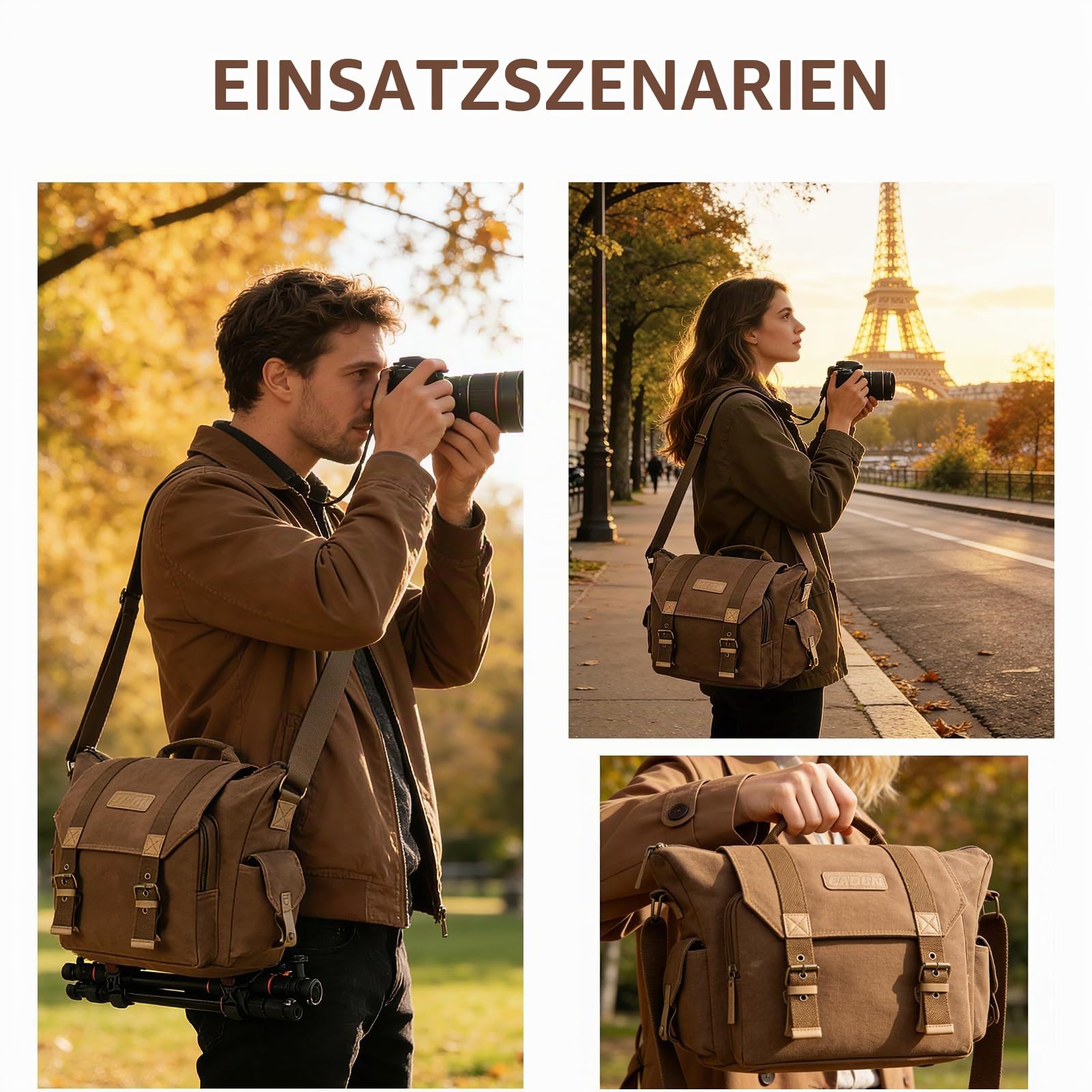 CADeN Large Camera Bag for Photographer, Wasserabweisend DSLR Kameratasche | Leicht Zu Reinigen, Kompatibel mit Sony Nikon Canon eos r50. Kamera Rucksack für DSLR/SLR Kamera Sling Bag, Braun. FOL, L
