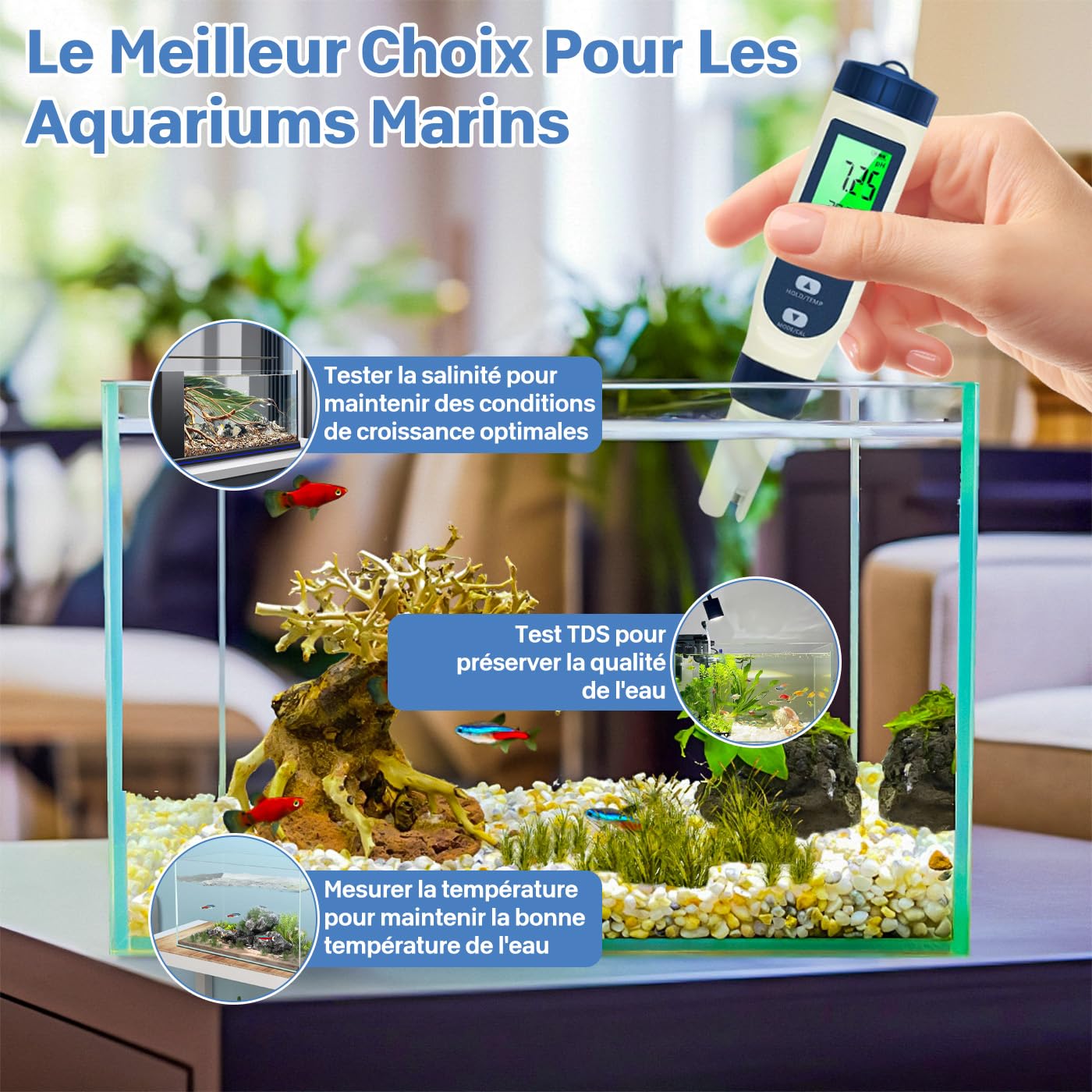 Ph Metre, 5 en 1 PH/TDS/EC/Salinité/Thermomètre, Testeur ph à Écran LCD, Testeur pH Piscine IP67 Étanche, pH Metre Haute Précision (± 0.01), Adapté à l'Eau Potable, Aquariums, Piscin