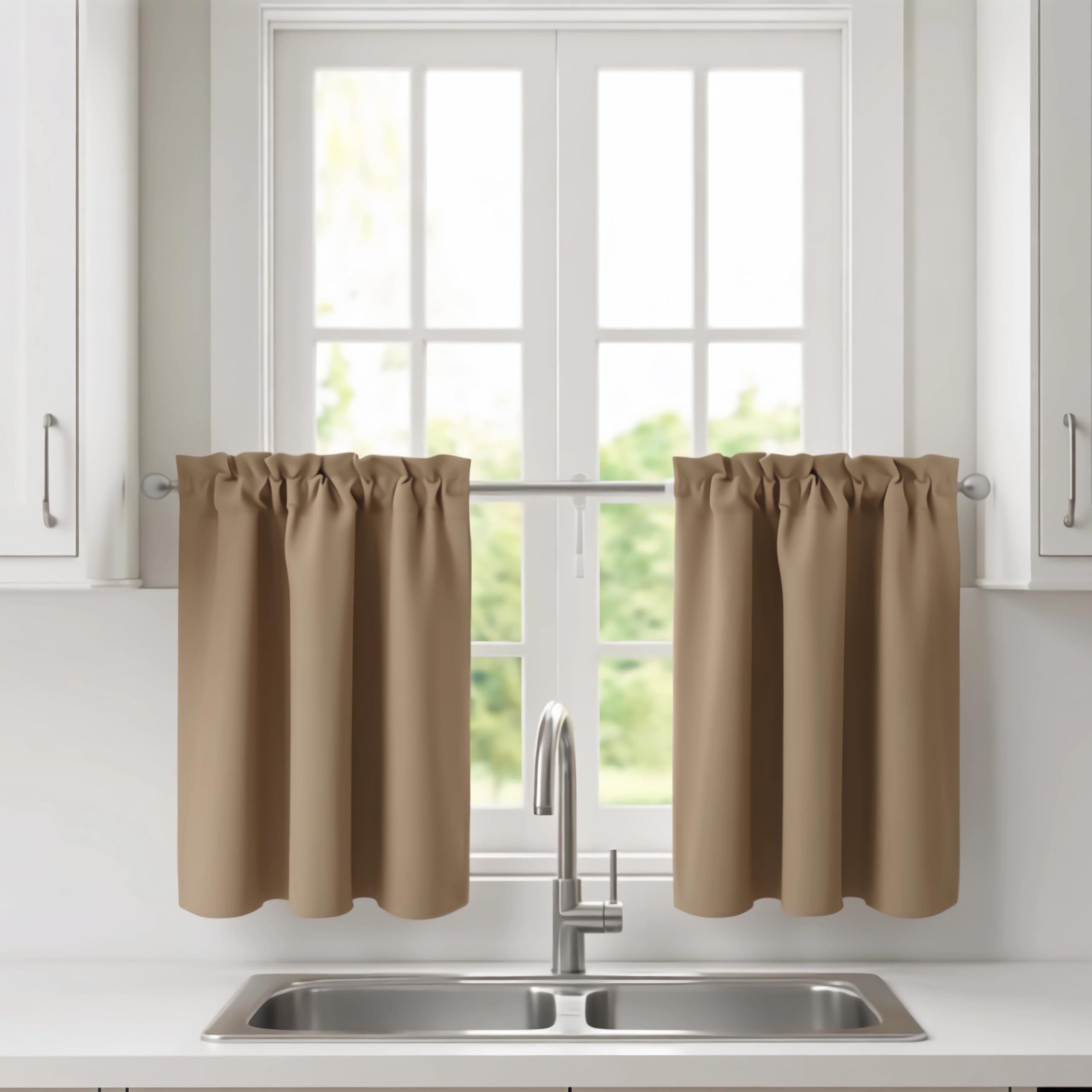 Aquazolax RV Window Curtain 24 Inch Length 2 Panels Set, Farmhouse Black Out Tier Curtains Small Window Drapes for Bathroom Laundry Room, Khaki 28" Wide — image 1