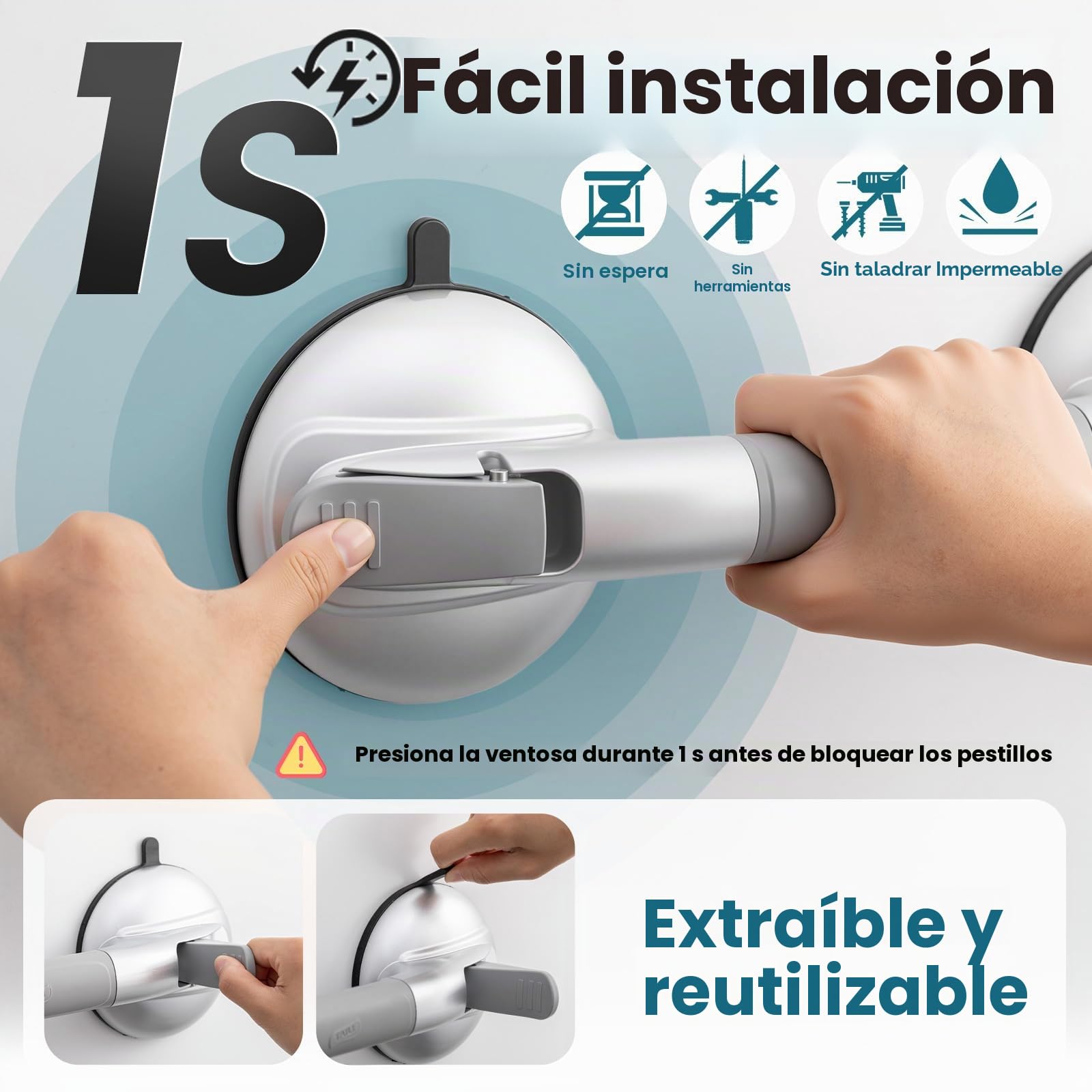 TAILI Asa de Seguridad para Baño, MÁX 150 KG, Equipado con ventosas de goma mejoradas, Succión Barra de Agarre para Azulejos Texturizados, Agarraderas de Succión para Baño, Sin Taladrar, Plata