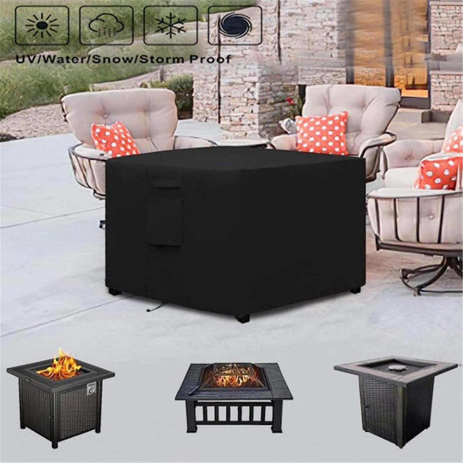 Feuerstelle Abdeckung Quadratisch - Premium Wasserdichte & Winddichte Schutzhülle Aus 420D Oxford Gewebe Für Gas-Feuertisch, Terrasse Und Gartenmöbel (82x82x61cm,Schwarz 600D)