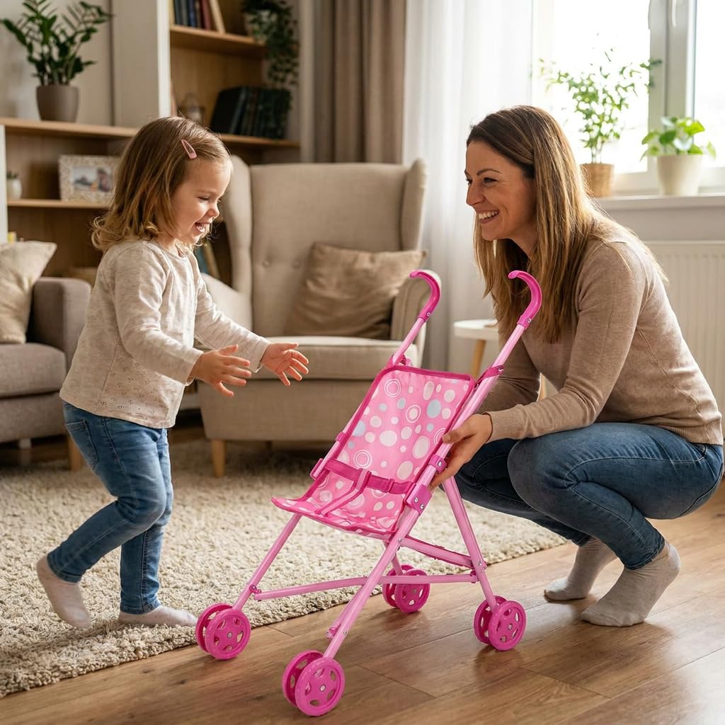 Passeggino per Bambole Pieghevole a Ombrello, Carrozzina per Bambole con Cintura di Sicurezza Integrata, Ruote Doppie, Leggero e Facile da Riporre, Giocattolo per Bambine