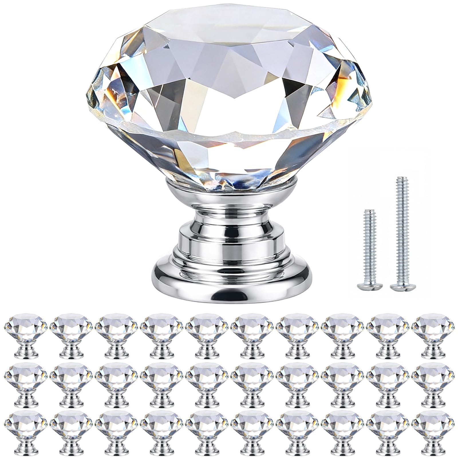 POZEAN Crystal Cabinet Knobs 30 Pack, 1-3/16 inch Drawer Knobs for Dresser with Two Types of Screws, Diamond Glass Pulls Handles (30mm, 30Pack, Clear-Silver)