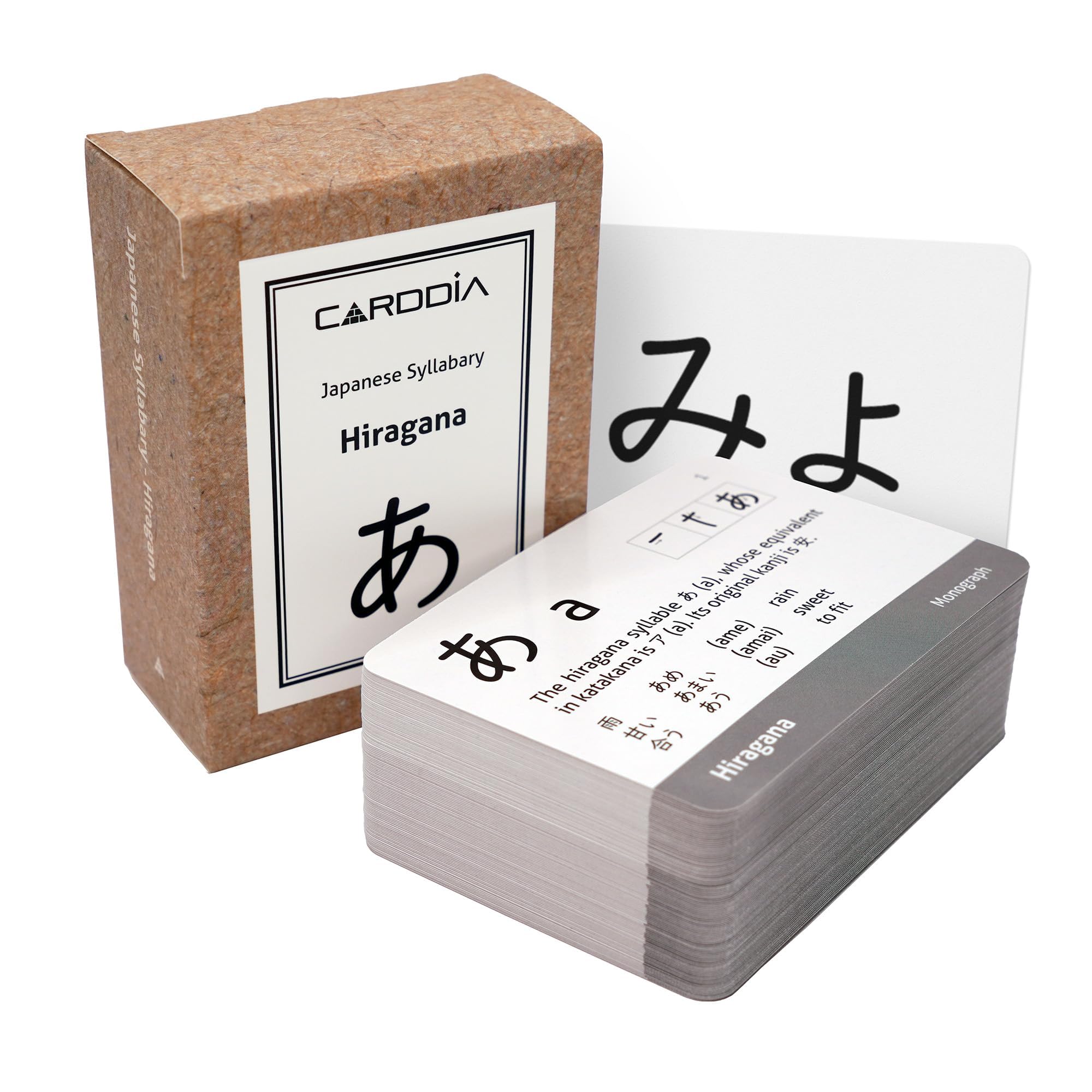 CARDDIA Japanese Syllabary - Hiragana Flash Cards (with Stroke-Order Diagrams and Example Words), Standard Playing Card Size, Sturdy, Water Resistant