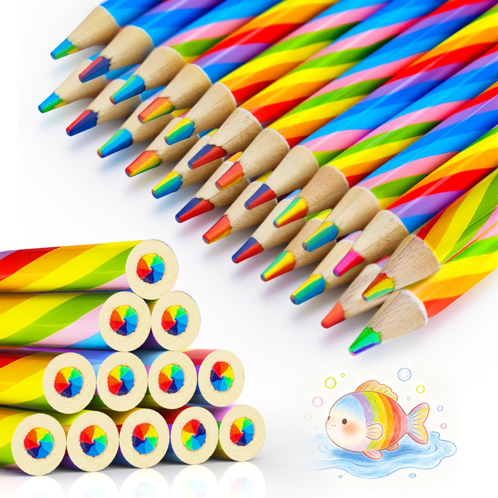 Crayons de couleur arc-en-ciel en bois 7 en 1 lot de 24 pour enfants adultes fournitures artistiques
