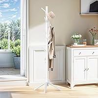 Vista 28 de Perchero de madera independiente con 8 ganchos, fácil montaje, percheros de pino de Nueva Zelanda, 3 tamaños ajustables para ropa, sombreros