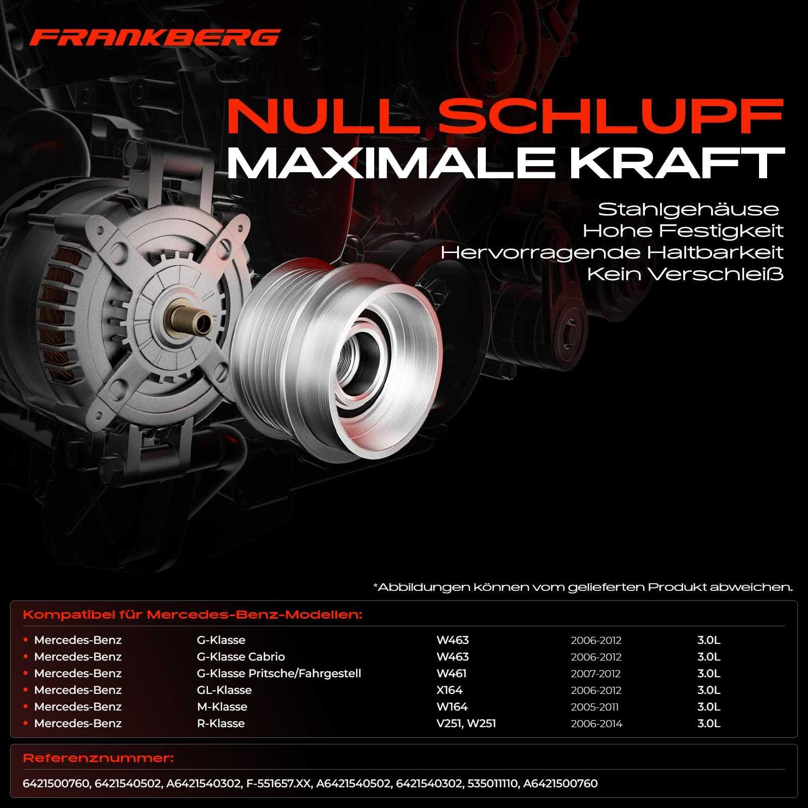 Frankberg Alternatore a ruota libera per generatore diesel 6421500760 | Compatibile con: Classe G Cabriolet W463, Classe GL X164, Pianale/telaio Classe G W461, Classe R V251 W251, Classe M W164