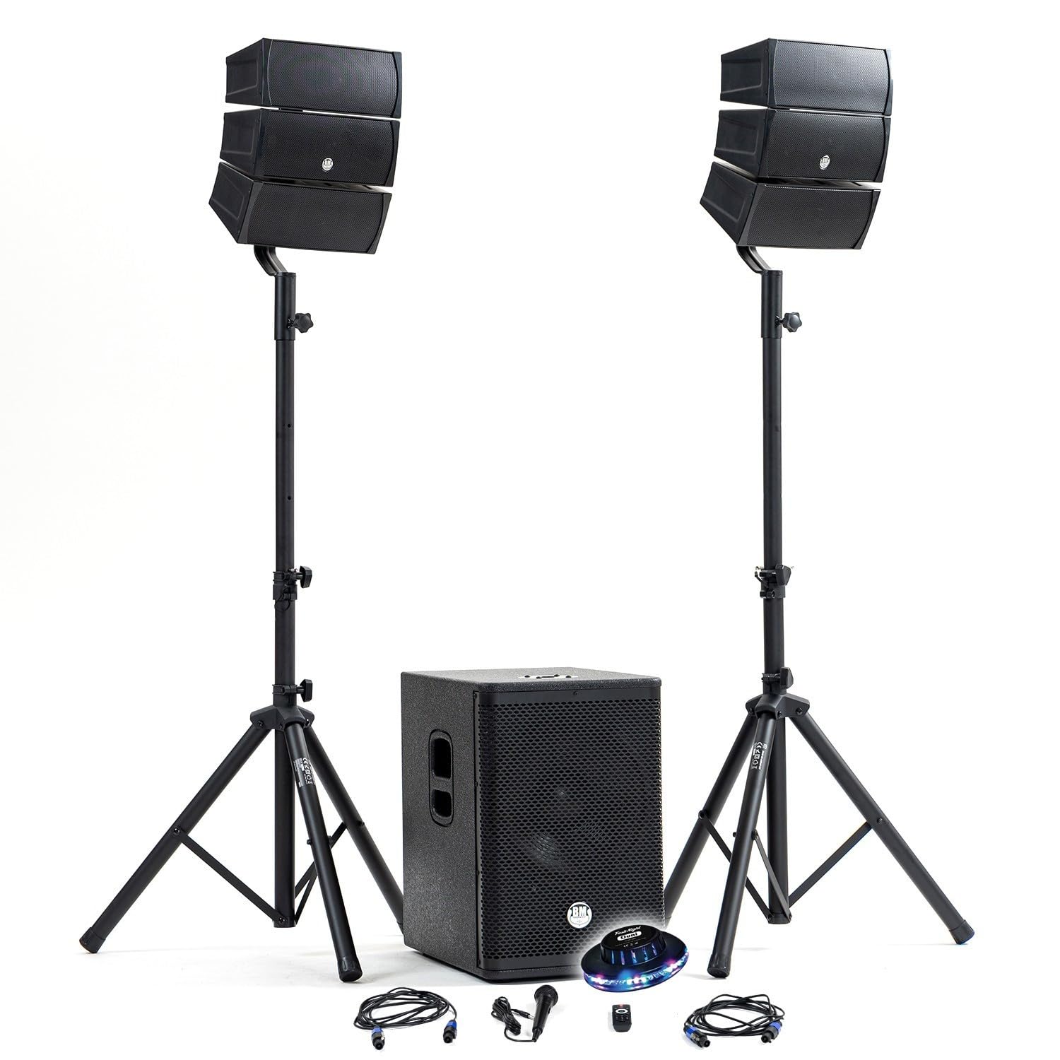 Pack Sono DJ 1000W Complet BM Bmsonic BMS-12-ARRAY-BT Enceintes Satellites SUB 31cm USB/Bluetooth, Supports Câbles, Jeu de lumière