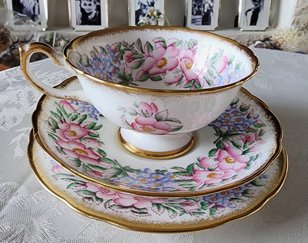 ハマースレイ　勿忘草　カップ＆ソーサー　トリオ　ピンク ② ハマースレイ 手描 ピンクフラワー 勿忘草 ぼかし金彩 カップ