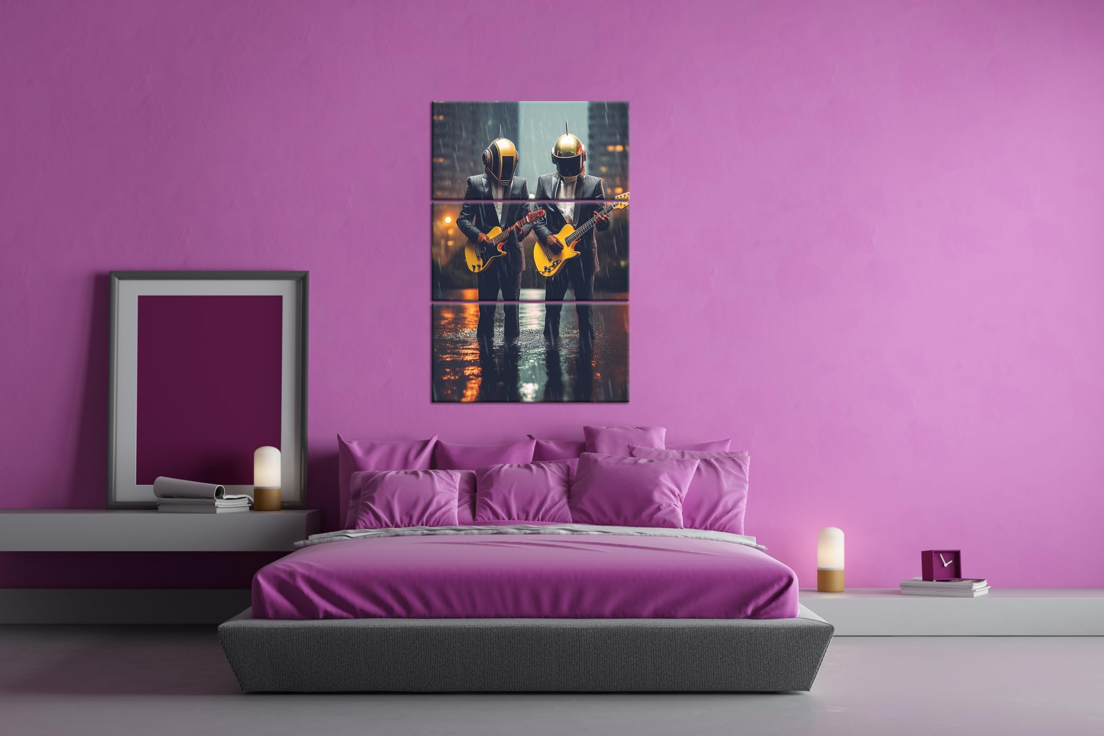 deyoli Musicisti futuristici: eleganza ed elettronica sotto la pioggia. Dimensioni: 120 x 80 cm (3 pezzi) Stampa artistica XXL su cornice in legno/pittura su tela/pittura da parete/decorazione del