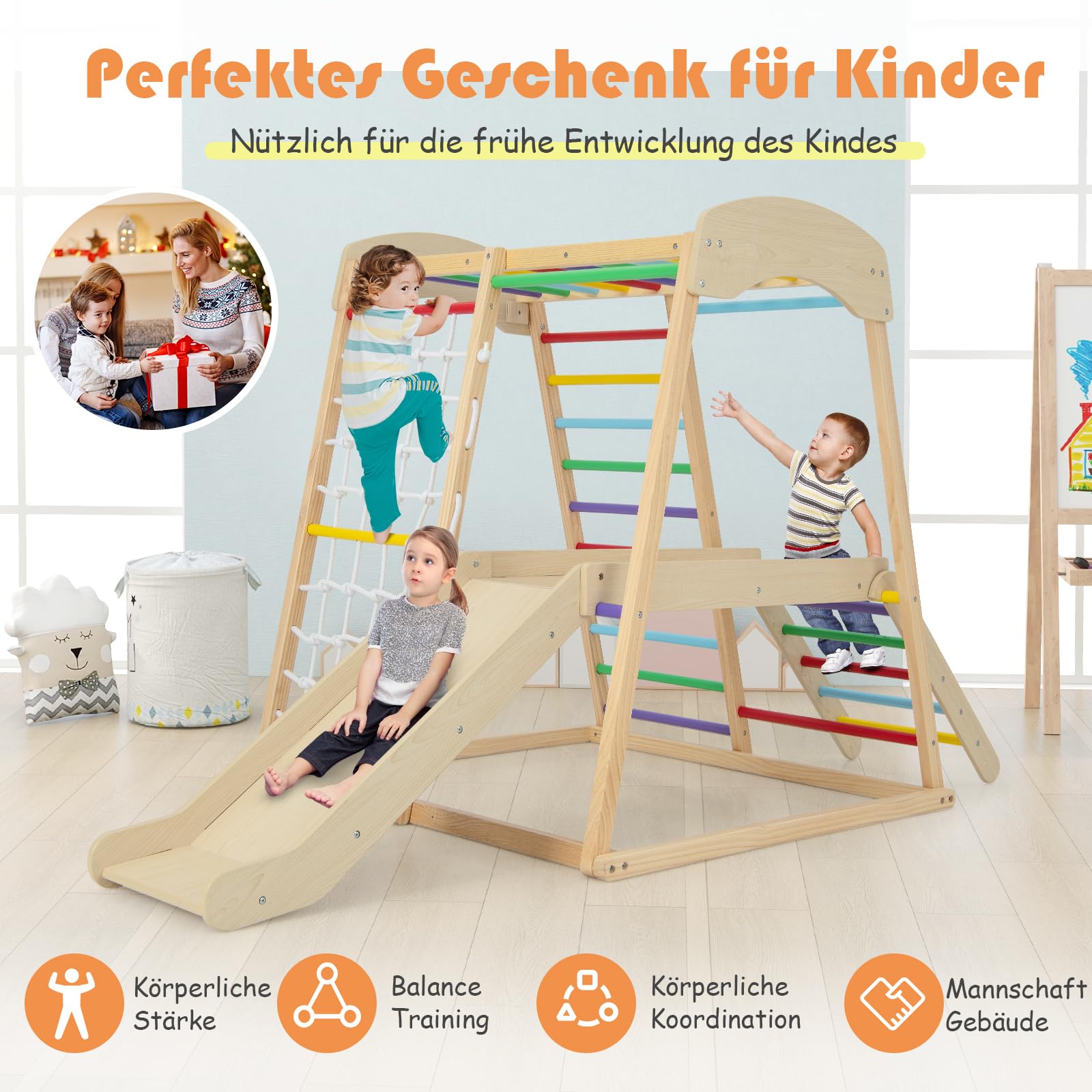 GOPLUS Kinder Klettergerüst, Kletterspielzeug Set mit Kletterleiter & Rutsche & Kletternetz & Querstange, vielseitiger Spielturm, Kletterturm Indoor aus Holz für Kinder ab 1 Jahr (Bunt)