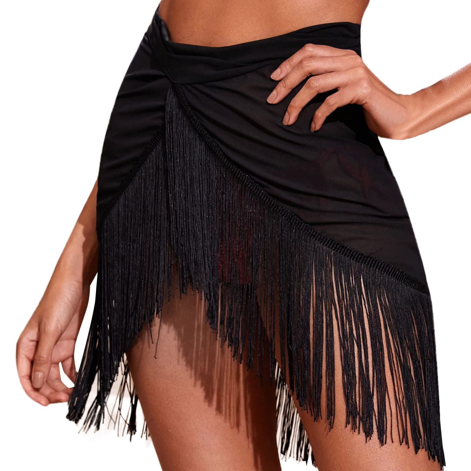 Generic Falda envolvente, toalla de playa sexy, transparente, pareo, falda de playa con flecos, minifalda negra para la cintura, traje de baño