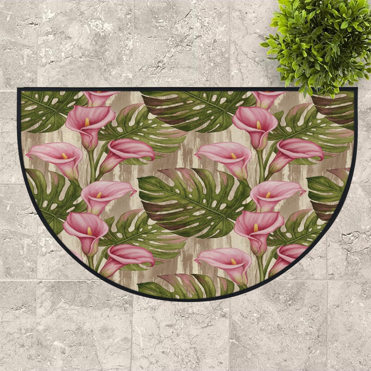 Große halbrunde Fußmatte – Retro-Palmblatt-Blumenmuster, rutschfest, saugfähig, halbrund, Eingangsbereich, niedlich, weich, halbrund, waschbar, Teppich für Küche, Badezimmer, Schlafzimmer, 160