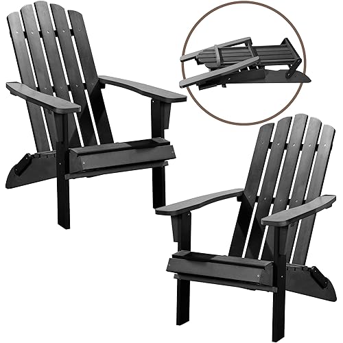 Folding Adirondack Chair Set of 2, Premium Weather Resistant Poly Lumber, Outdoor Patio Furniture, Up to 300 lbs, Plastic Adirondack Chairs for Garden Fire Pit, Classic Collection - Black
