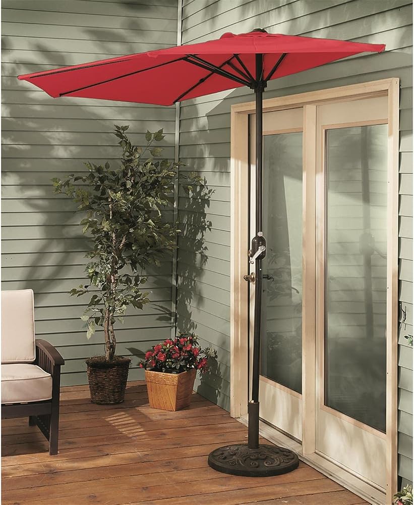 CASTLECREEK 8 Foot Half-Round Outdoor Patio Umbrella with UV/Weather-Resistant Polyester Fabric, Crank Open System, and 8 Steel Ribs, Red Patio, Lawn & Garden