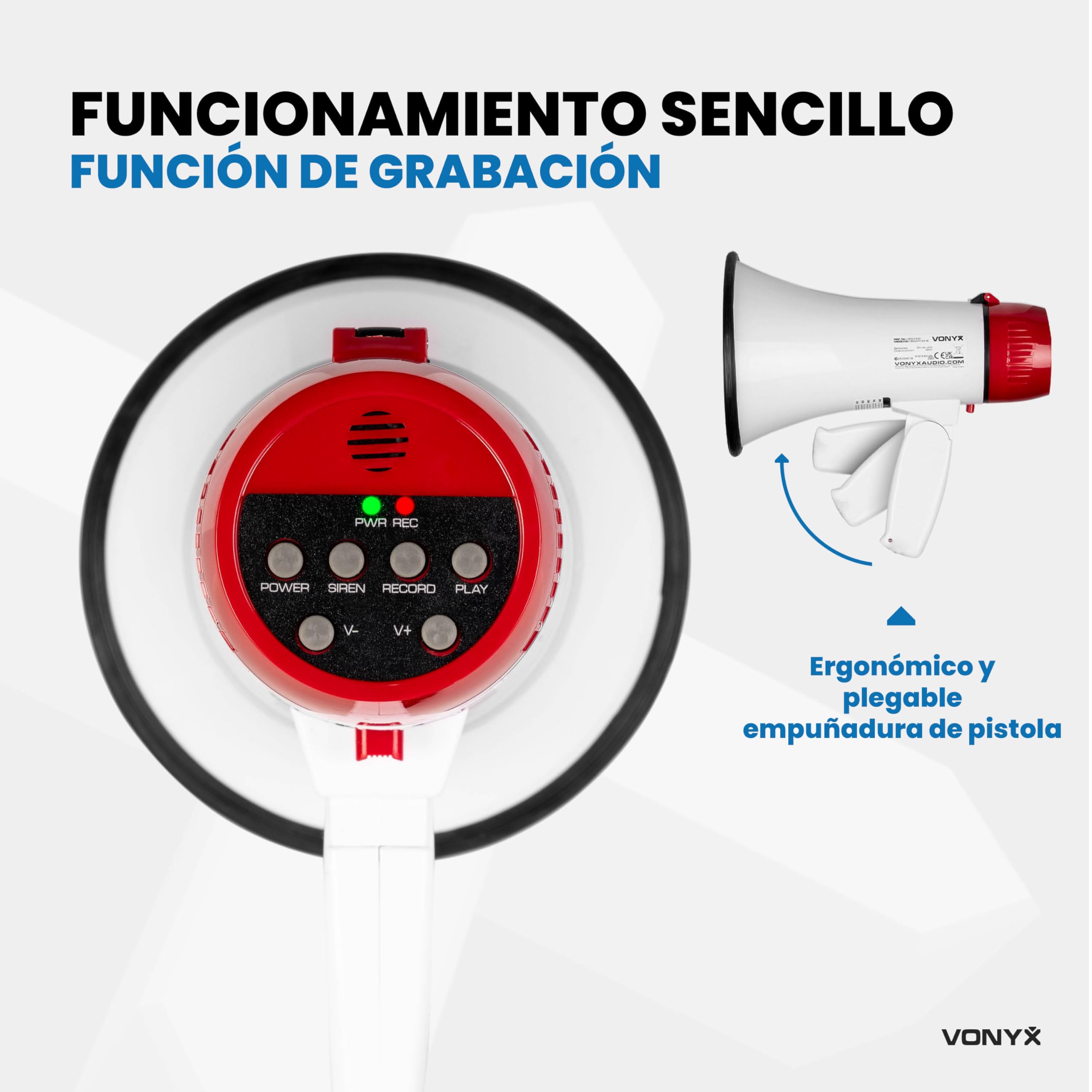 Vonyx MEG018 Megáfono Bluetooth 18W 600m Alcance Sirena Grabación 60s Ligero Eventos Deportes