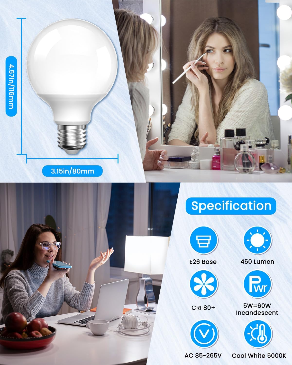 8-Pack 5W E26 LED Vanity Light Bulbs for Mirror Bedroom Kitchen Office, G25 E26 LED Edison Globe Light Bulbs Ultra Bright Daylight White 5000K, 60W Incandescent Equivalent, Non-Dimmable