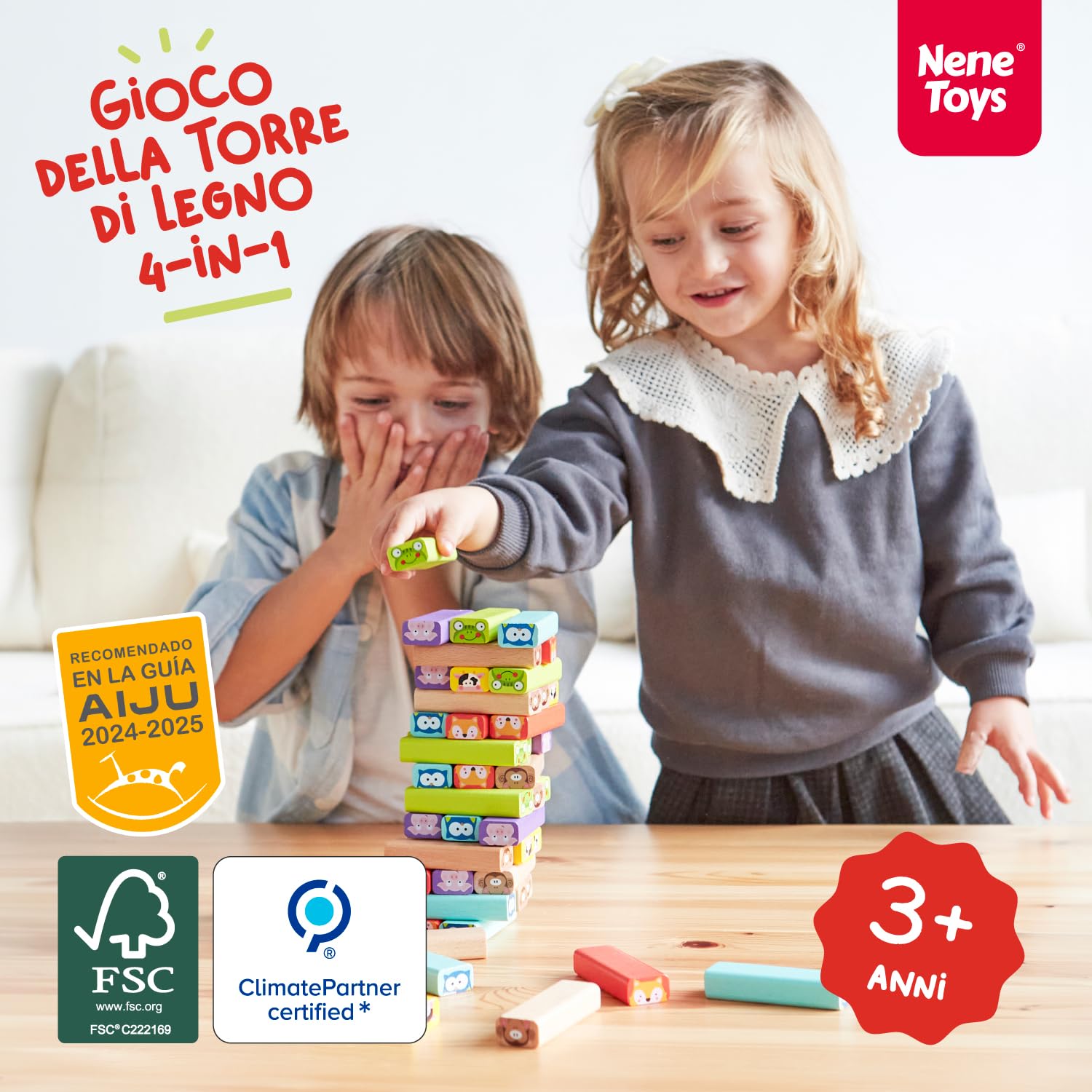 Nene Toys - Torre Magica Colorata in Legno con Animali – Gioco Educativo da Tavolo per Bambini - Gioco Didattico 4 in 1 per Bambini da 3 a 9 anni – Giocattolo Ideale come Regalo per Genitori e Figli