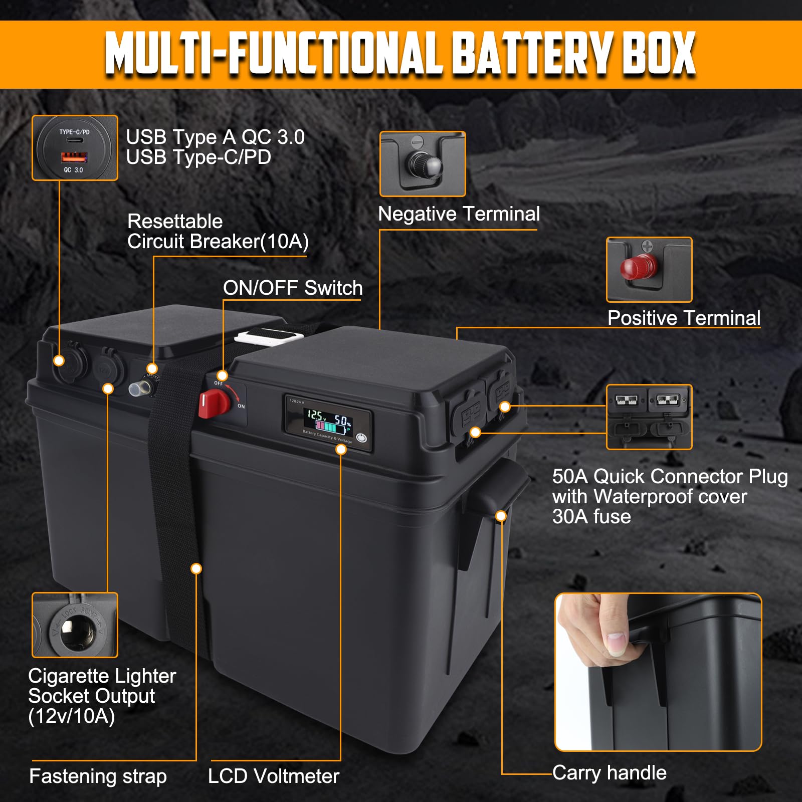 12 V Batteriebox Outdoor Tragbare Marine Batteriebox Multifunktions Marine Smart Batteriebox mit Leitungsschutzschalter für RV Marine Camping Schleppmotor Wasserdicht