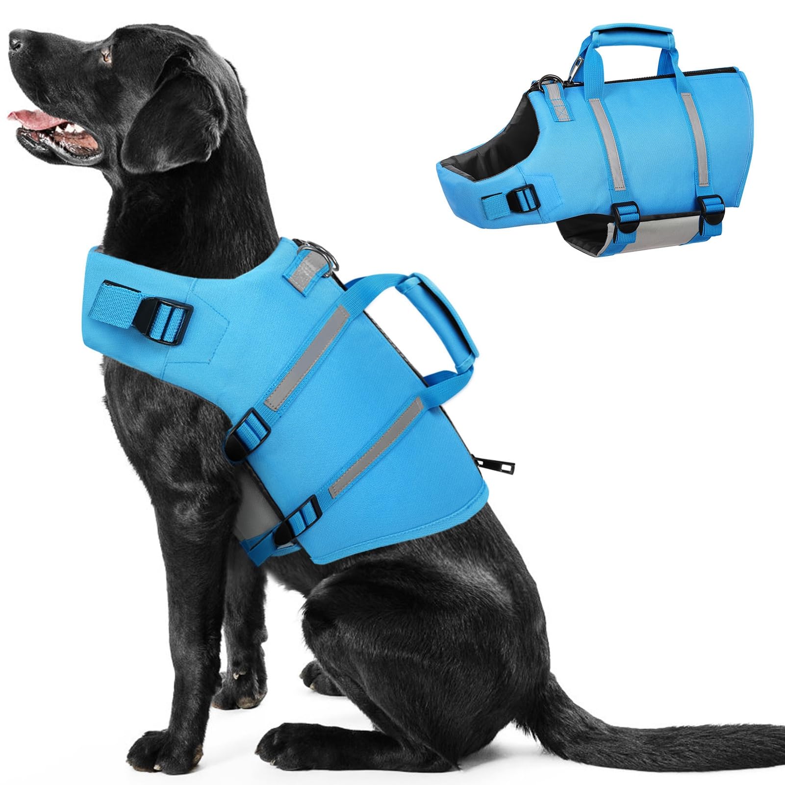 PUZAUKAL Giubbotto Salvagente Cane Ripstop Salvagente per Cani con Manico e Strisce Riflettenti Giubbotto di Salvataggio per Cani regolabile con Buona Galleggiabilità per Nuoto,Spiaggia,Blu-S