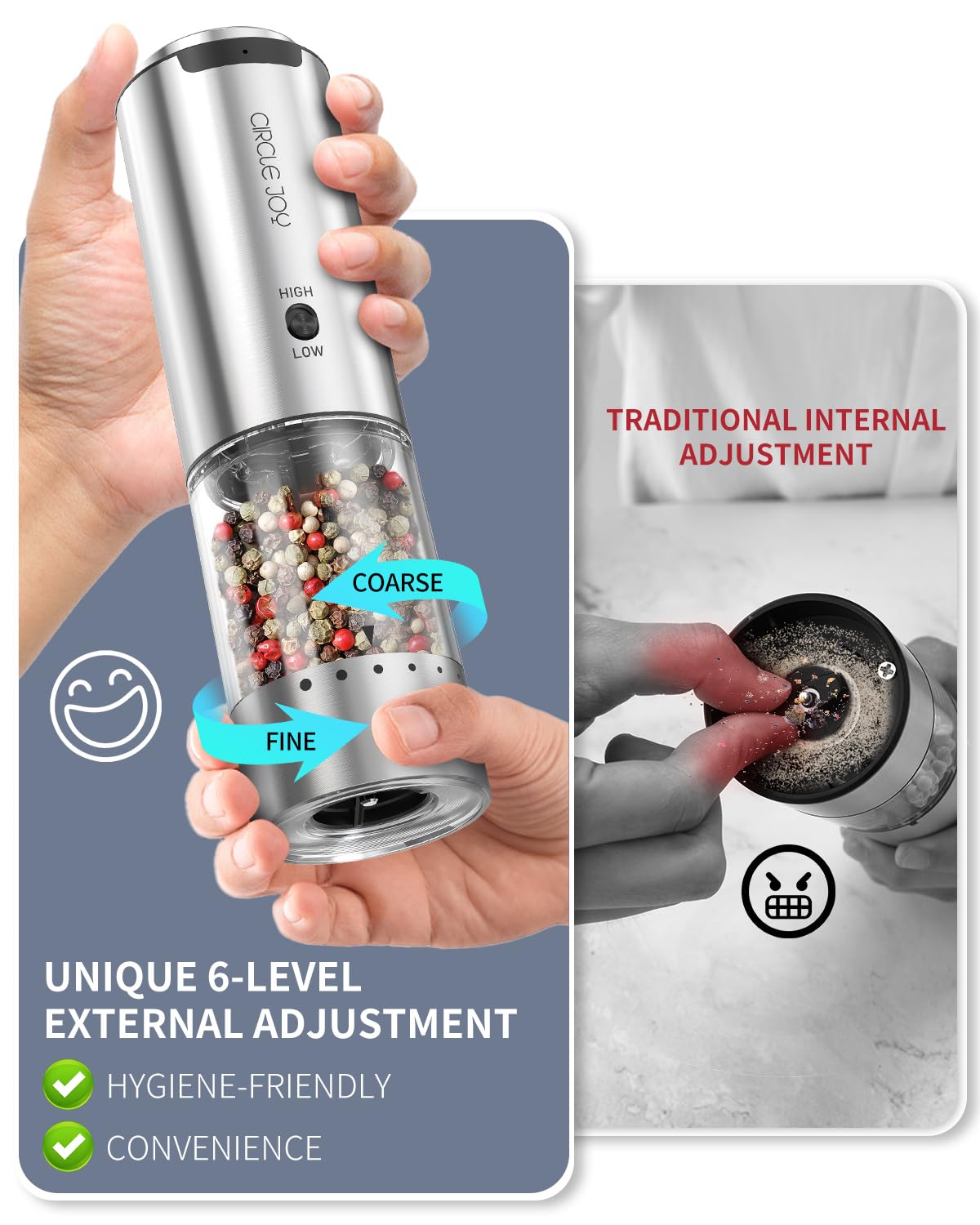 CIRCLE JOY Electric Pepper Grinder Stainless Steel Rechargeable Pepper Mill with Variable Grinding Speed - Image 2