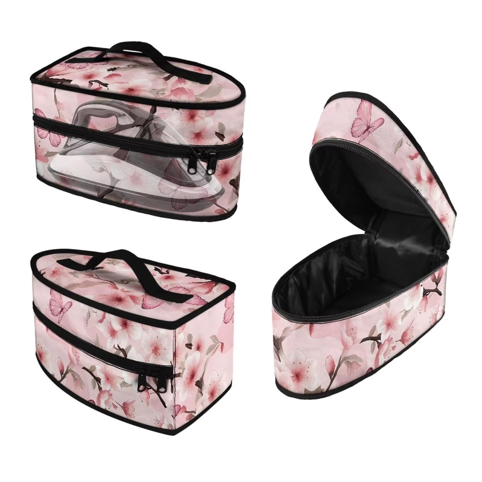 Estuche para plancha de vapor portátil COEQINE con estampado de flor de cerezo rosa, marco reforzado para mayor durabilidad, diseño compacto para almacenamiento en habitaciones de hotel, organizador esencial para viajes de larga distancia para damas.