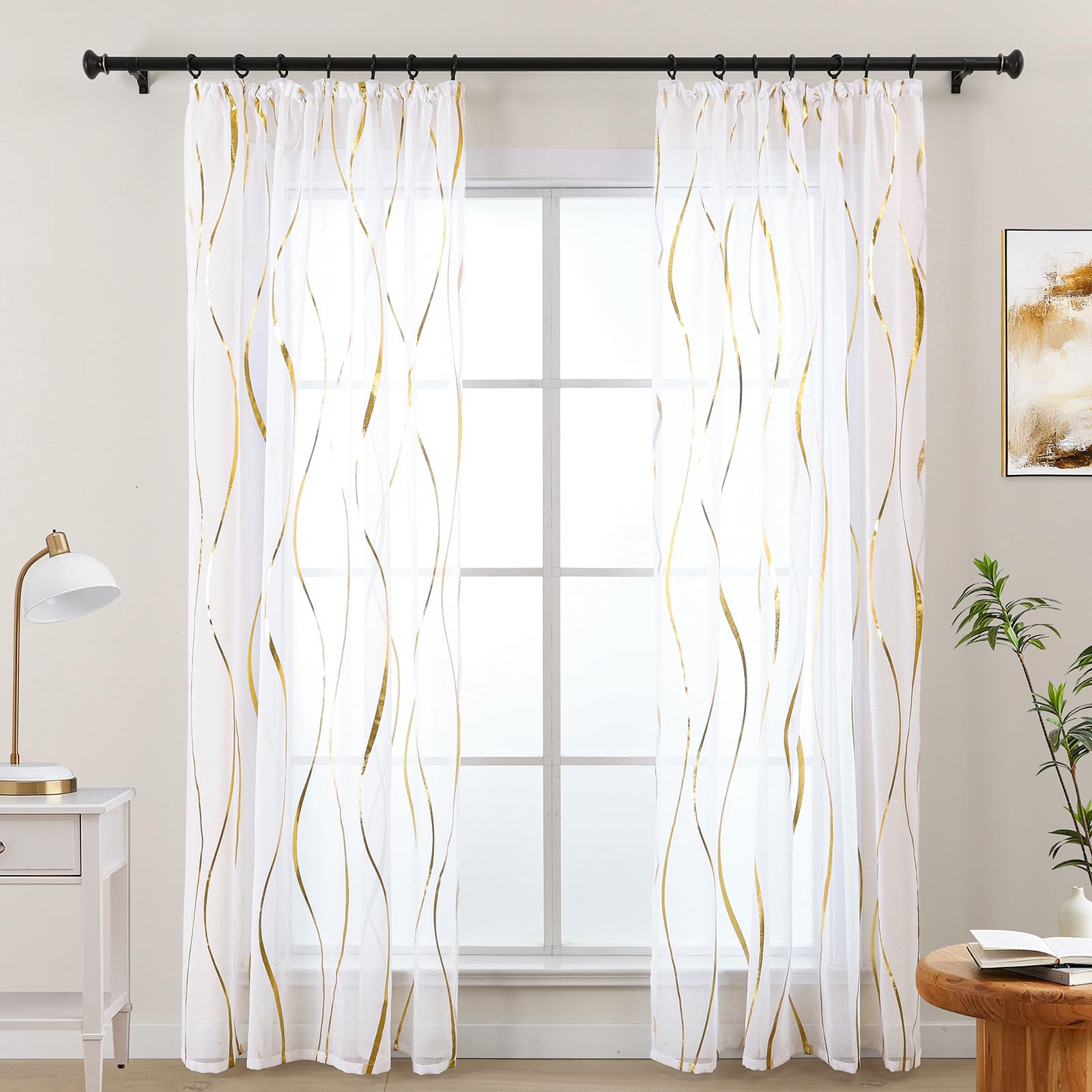 L.Z.E Vorhänge Gold Weiß für Wohnzimmer Gardinen mit Kräuselband für Schienensystem Transparent Schiene Vorhang Gardine für Schlafzimmer 2er Set Gardinenschals Modern 245 cm Lang (LZE2250T-G245)