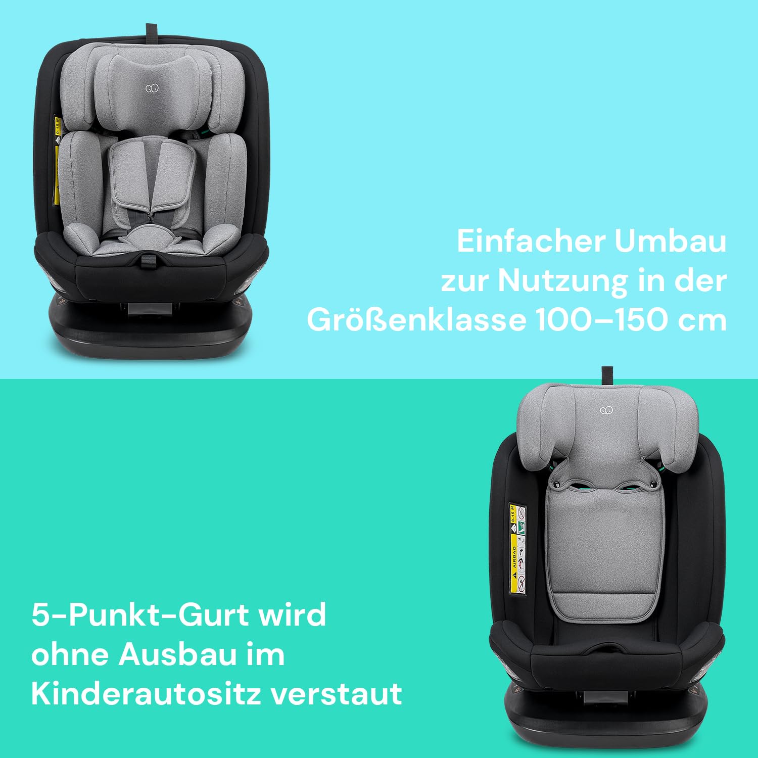 Booboo Safety Lissabon – Der flexible 360° drehbare Kindersitz (40-150 cm), sicher & mitwachsend, Reboard bis 4 Jahre, Isofix & Top-Tether, extra Komfort – Black Grey