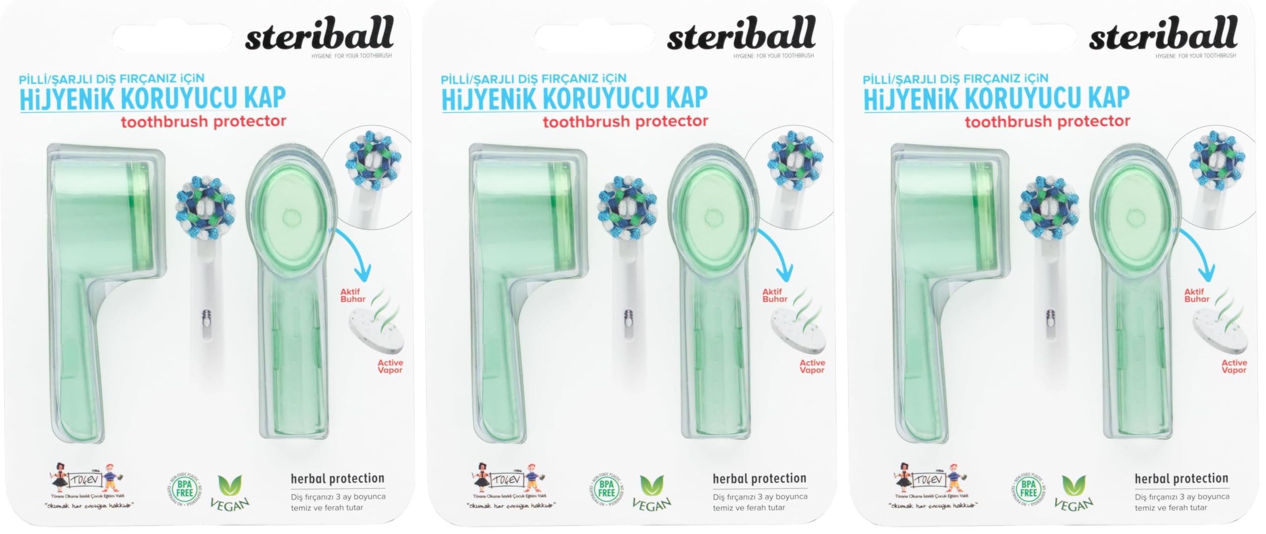 STERIBALL ŞARJLI VE PİLLİ DİŞ FIRÇALARI İÇİN HİJYENİK DİŞ FIRÇASI KORUMA KABI-2'Lİ YEŞİL X 2 (3 paketi)