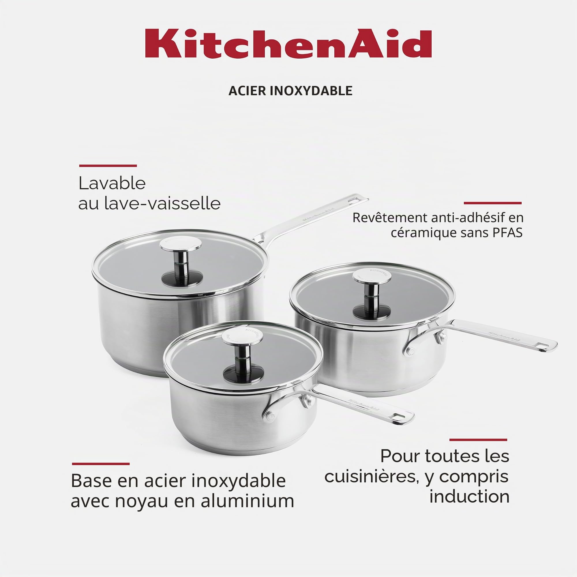 KitchenAid Stainless Steel Ensemble de casseroles antiadhésives en céramique sans PFAS de 16 cm, 18 cm et 20 cm en acier inoxydable, résistant à la chaleur, à l'induction et au four, argenté.