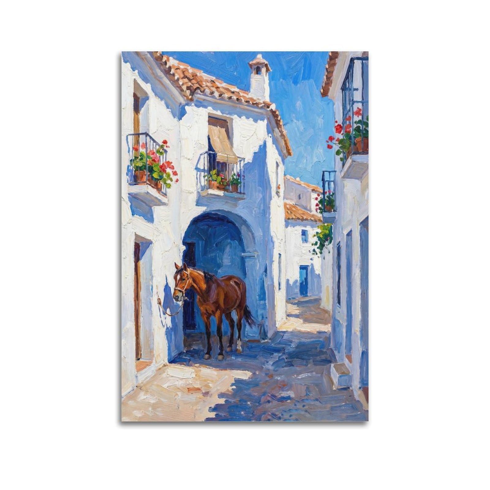 XKUGA Andalusia Horseback Riding Travel Poster Whitewashed Village Modern Decorative Canvas Prints - Ideal Wall Art for Family, Man Cave, Game Room, Boys & Girls Bedroom 20x30inch(50x75cm)
